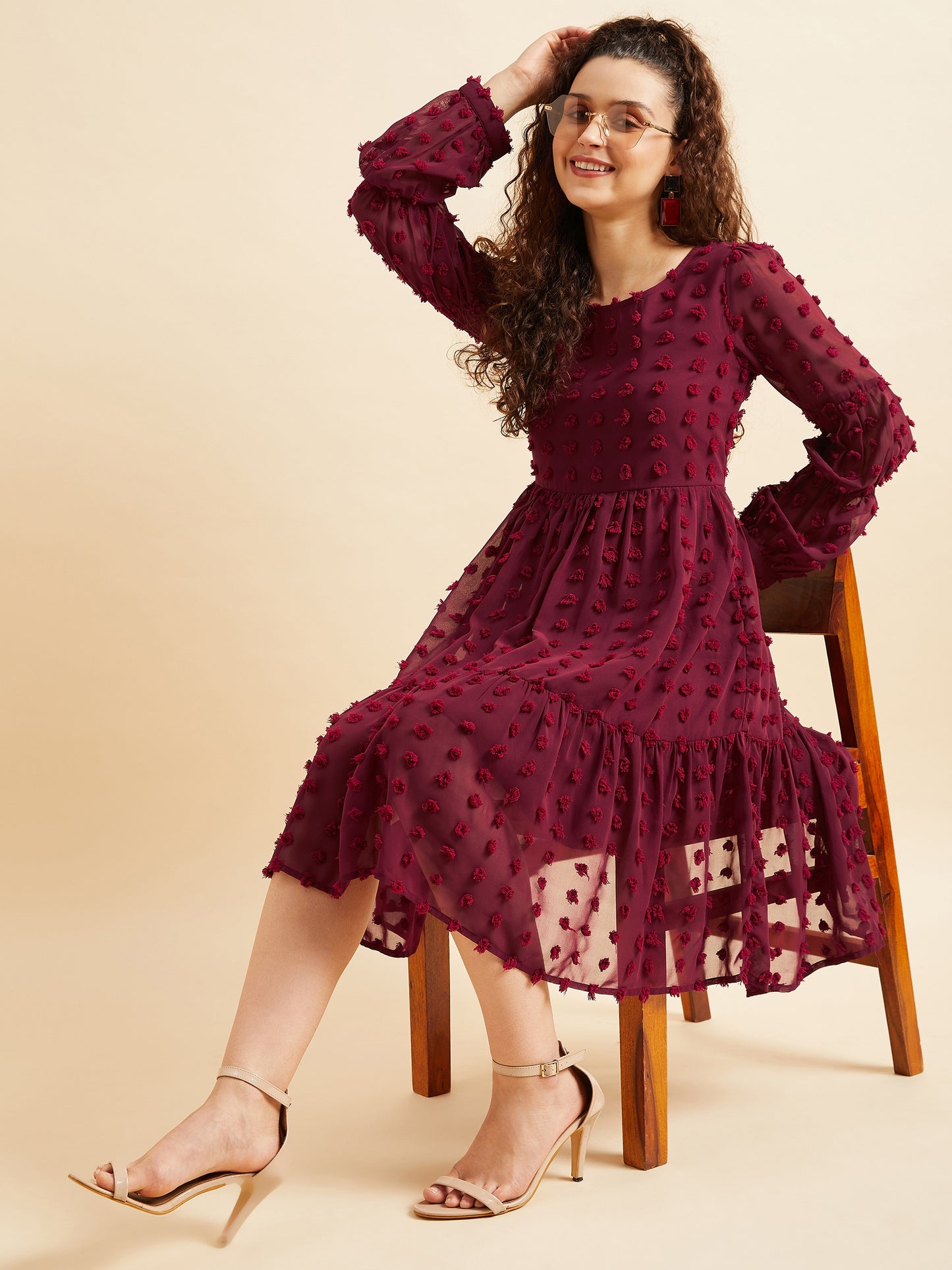Women Self Design Puff Sleeves Georgette Dress
