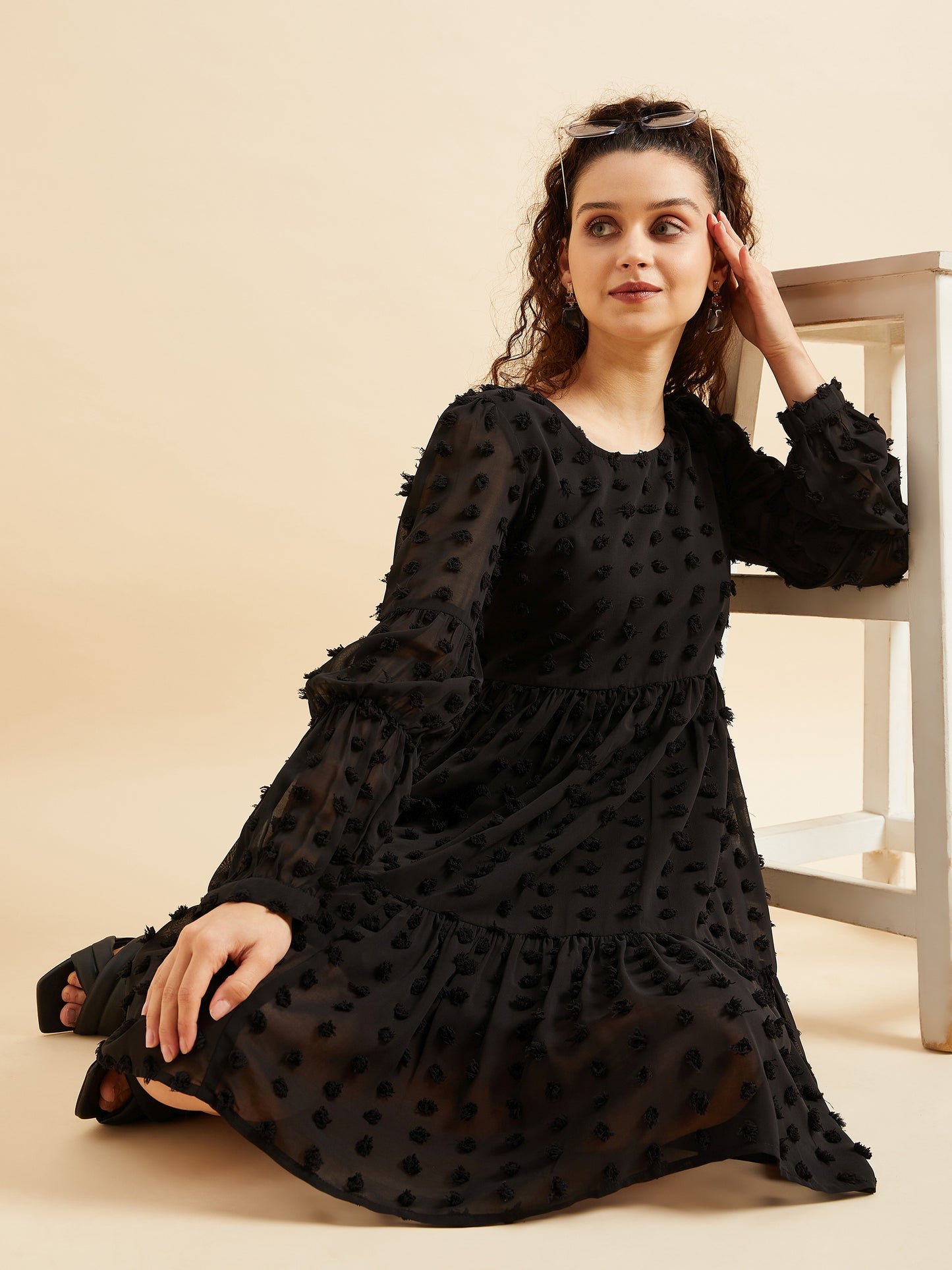 Women Black Puffed Sleeves Tiered Fit Flare Georgette Dress