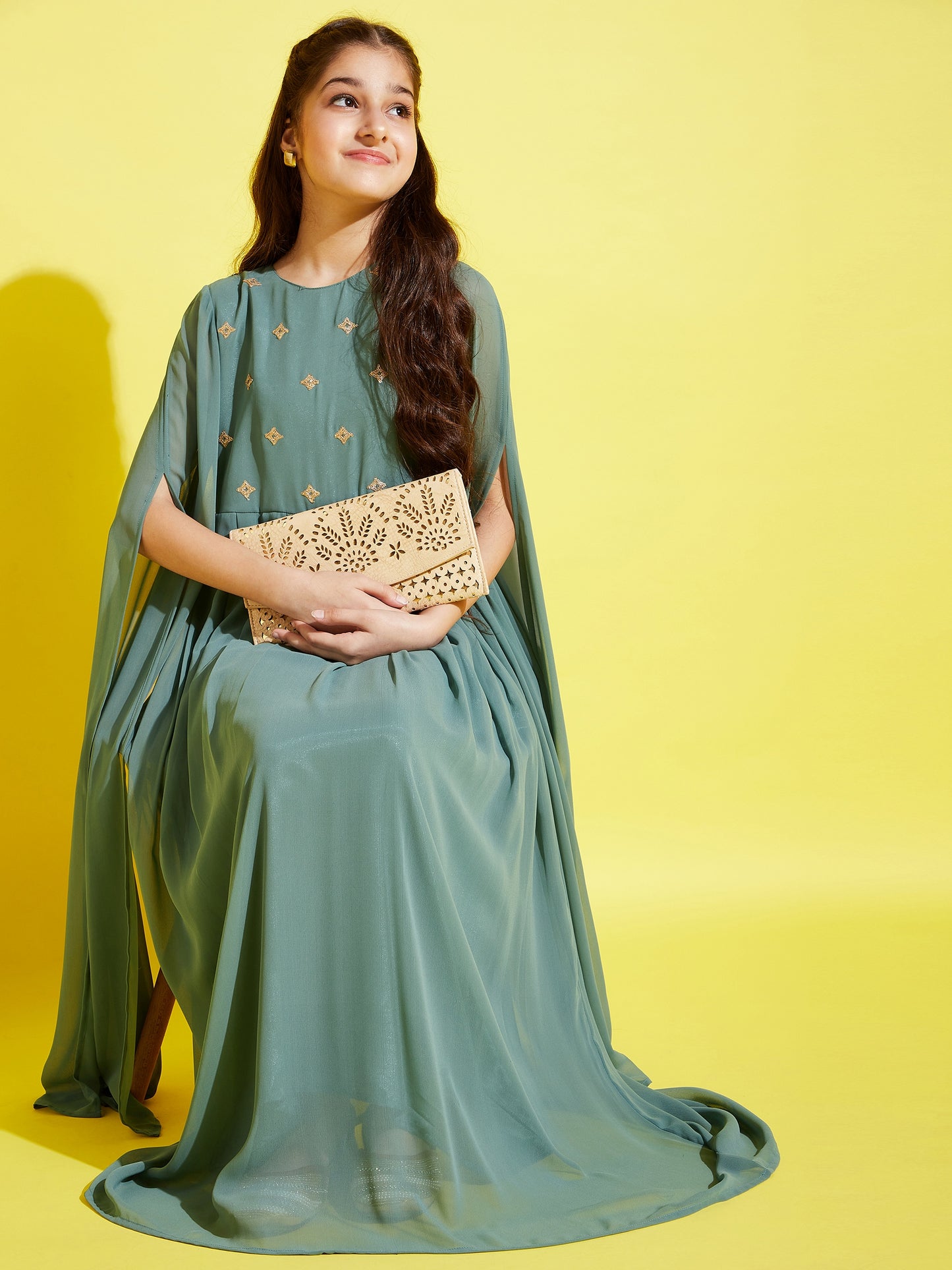 Girls Sea Green Georgette Maxi Dress