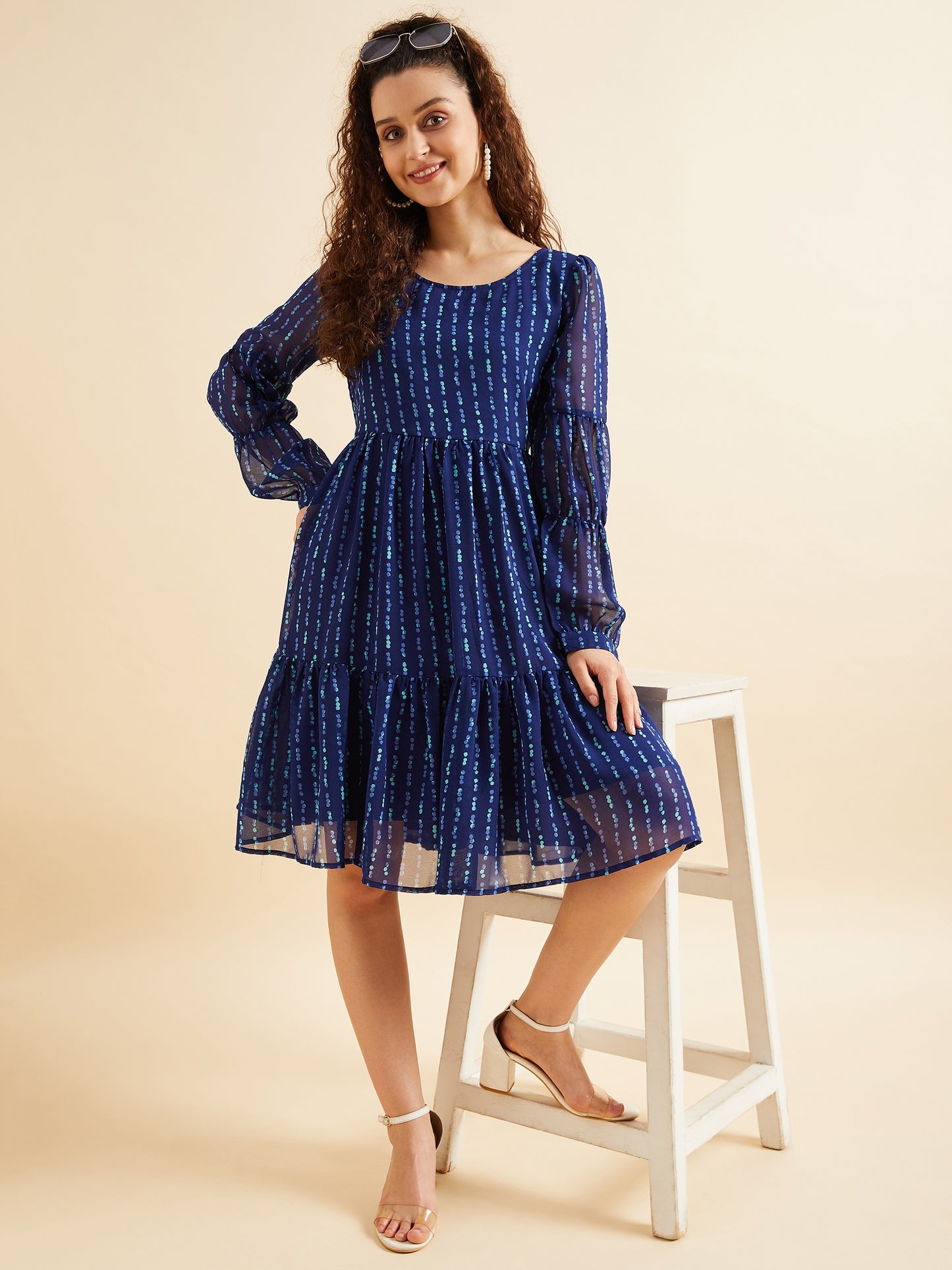 Puffed Sleeves Geometric Printed Tiered Fit & Flare Georgette Dres