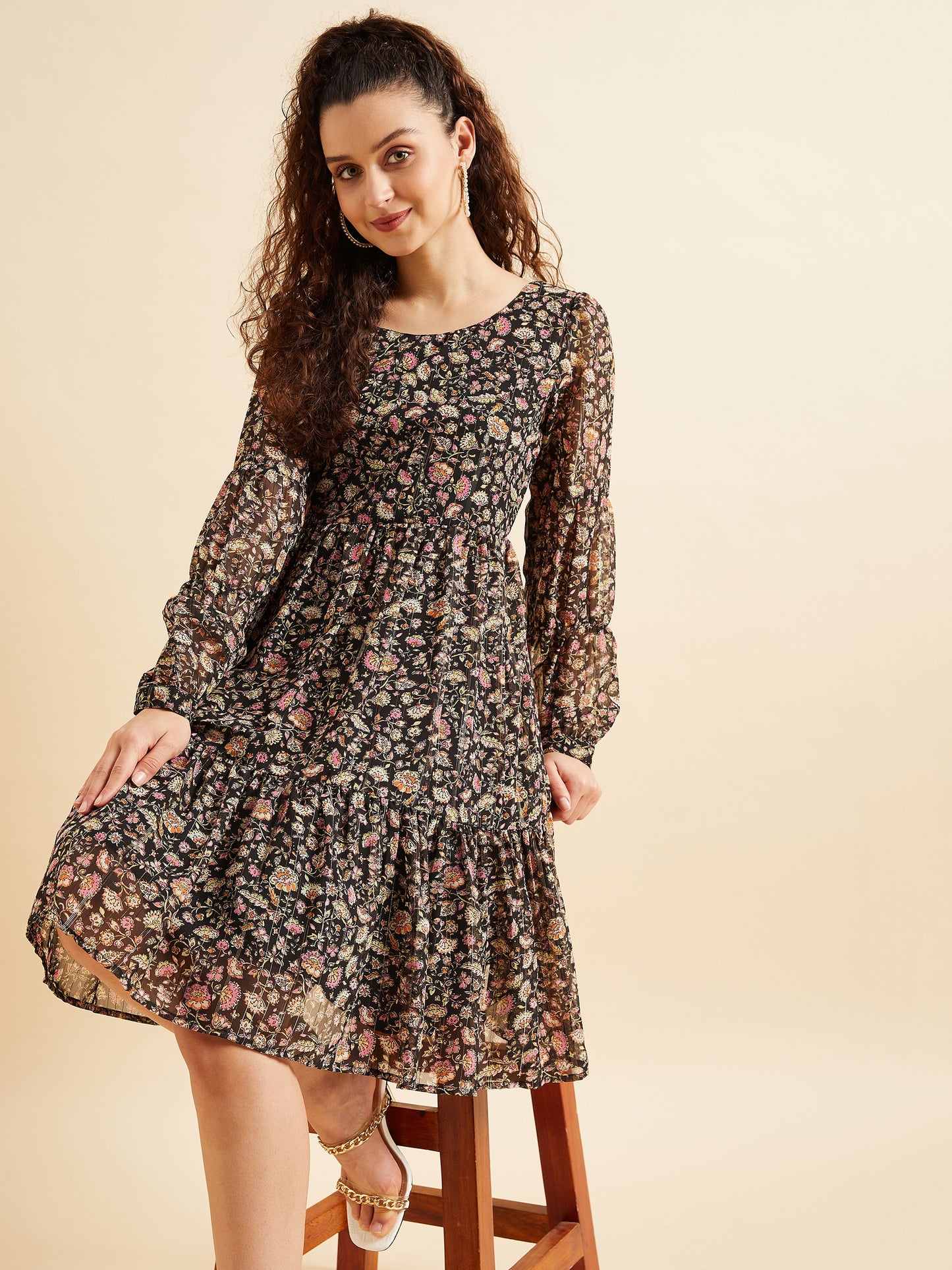 Puffed Sleeves Floral Printed Tiered Fit & Flare Georgette Dress