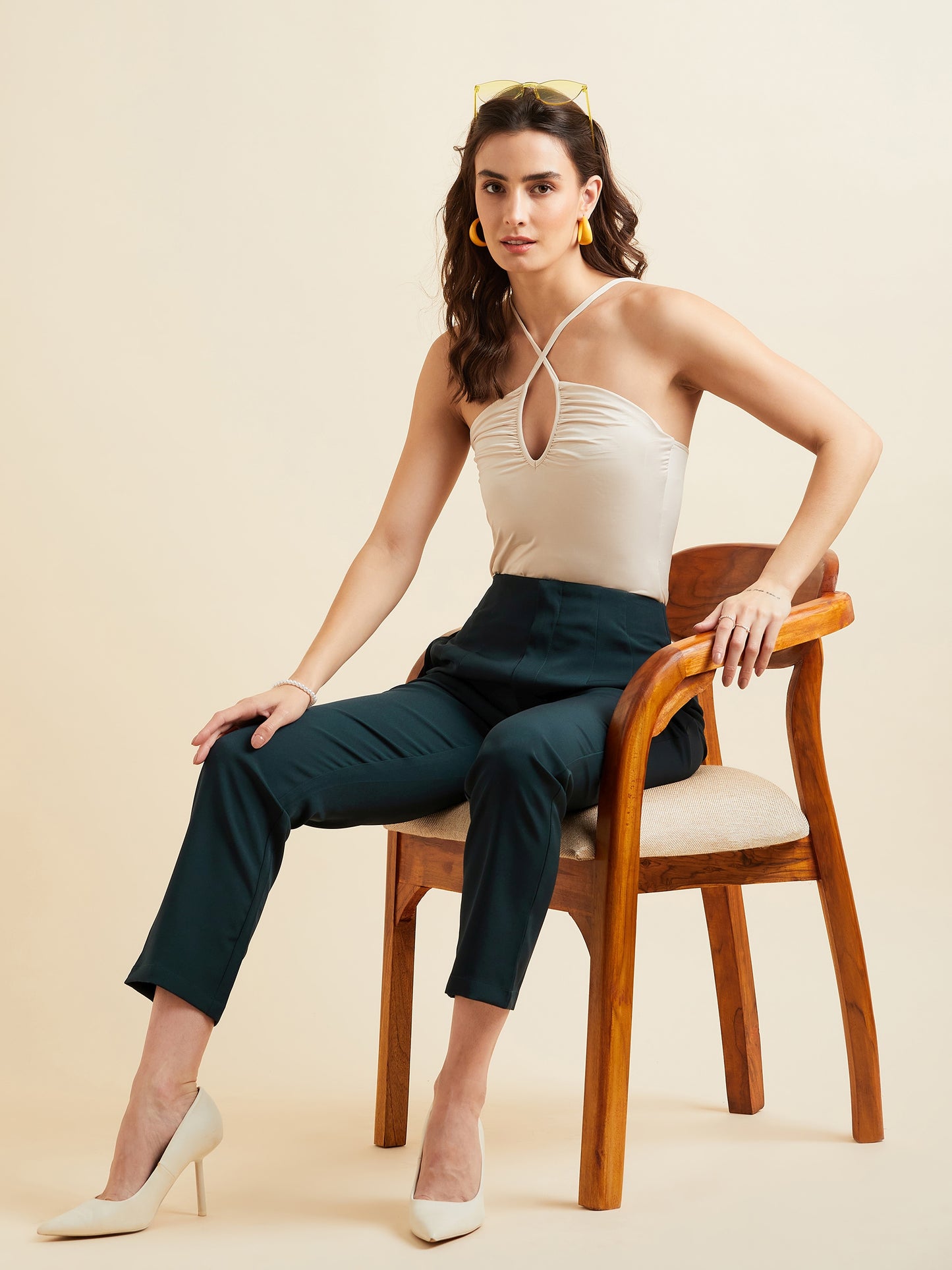 Teal Smart Straight Fit High-Rise Pleated Peg Trousers