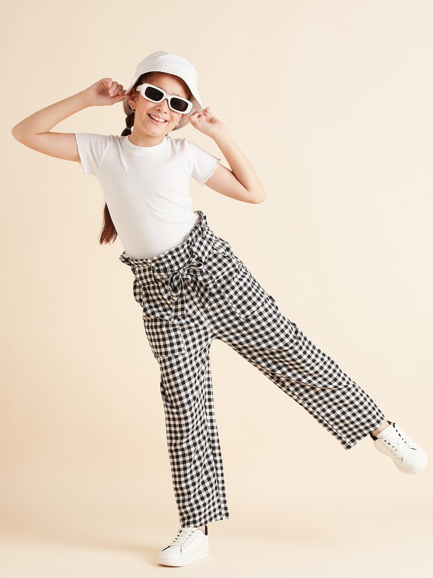 Girls Checked Relaxed High-Rise Trousers