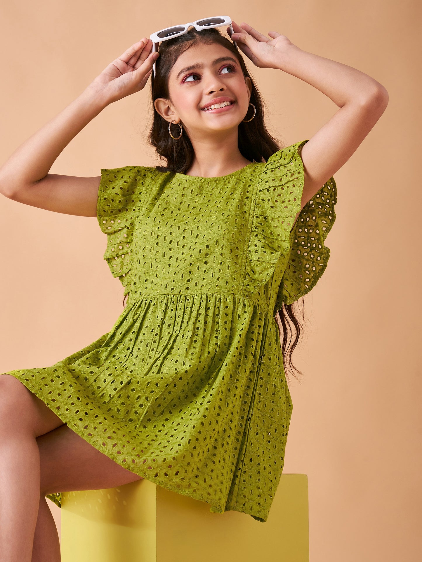 Girls Self Design Flutter Sleeve Cotton Fit & Flare Dress