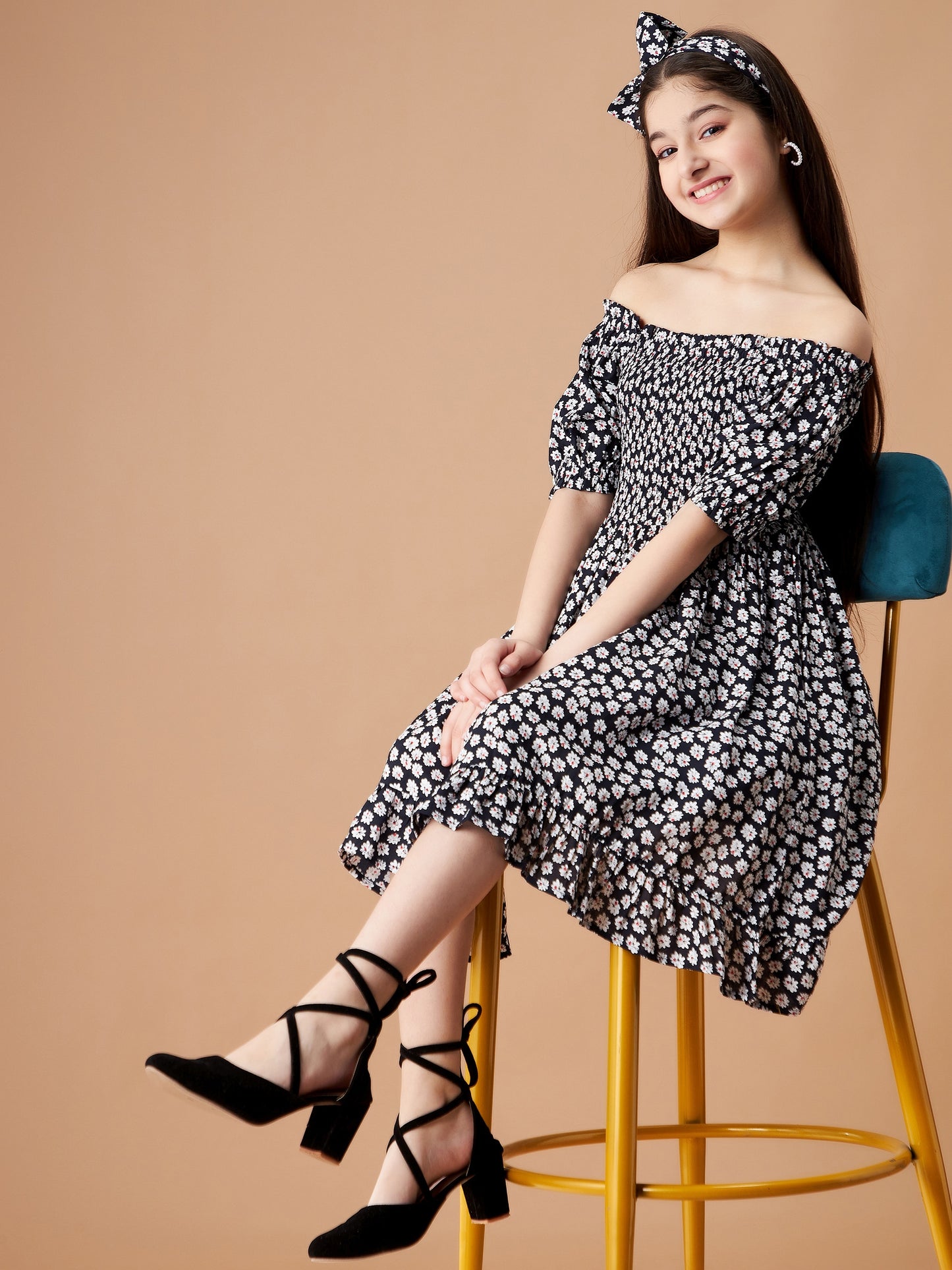 Black Floral Printed Smocking detail a Line Dress