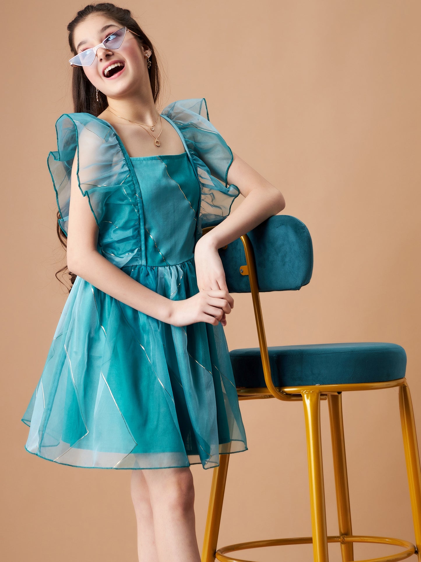Girls Striped Flutter Sleeves Ruffled Organza Fit & Flare Dress