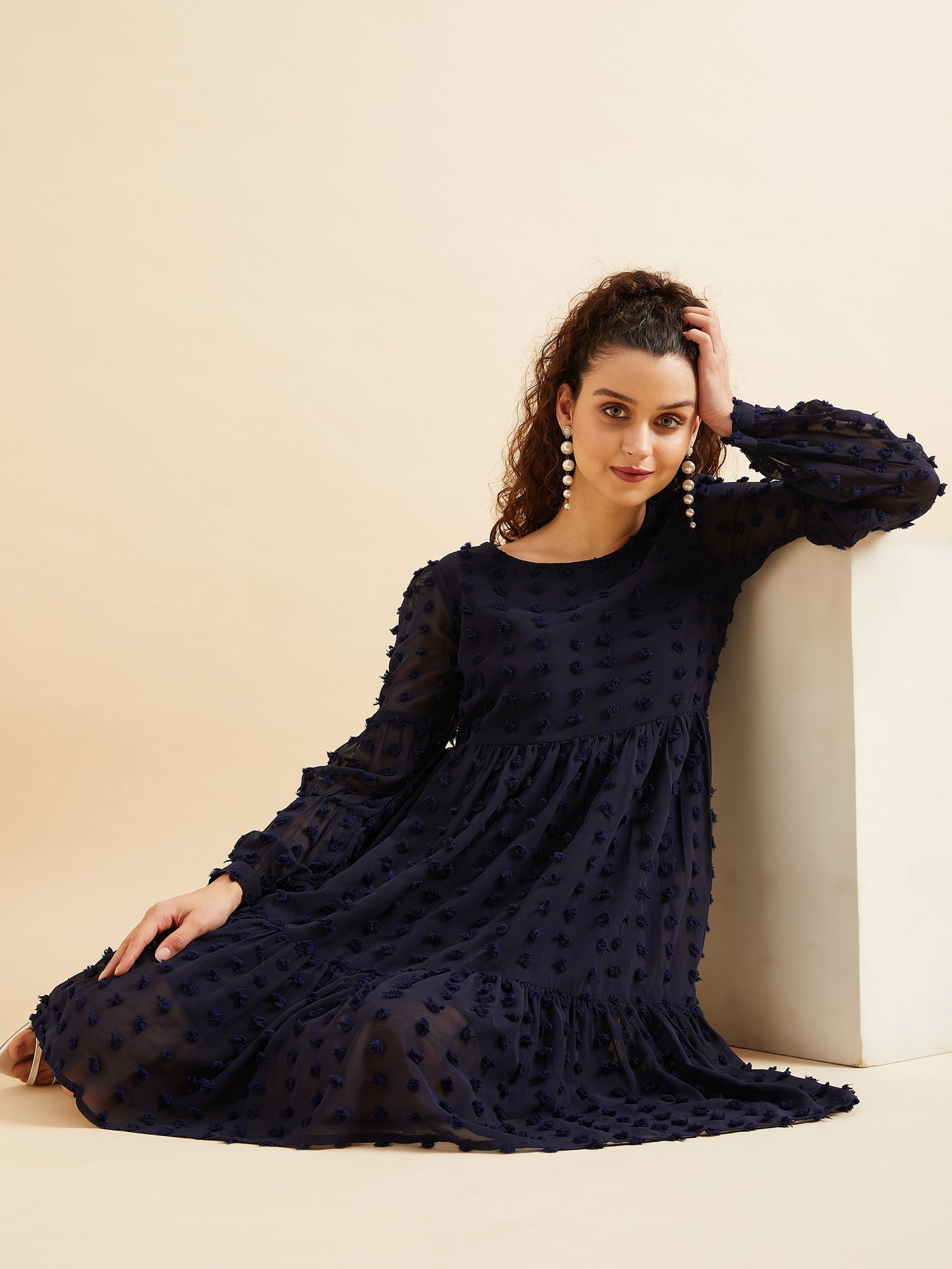 Women Puffed Sleeves Self Design Tiered Fit Flare Georgette Dress