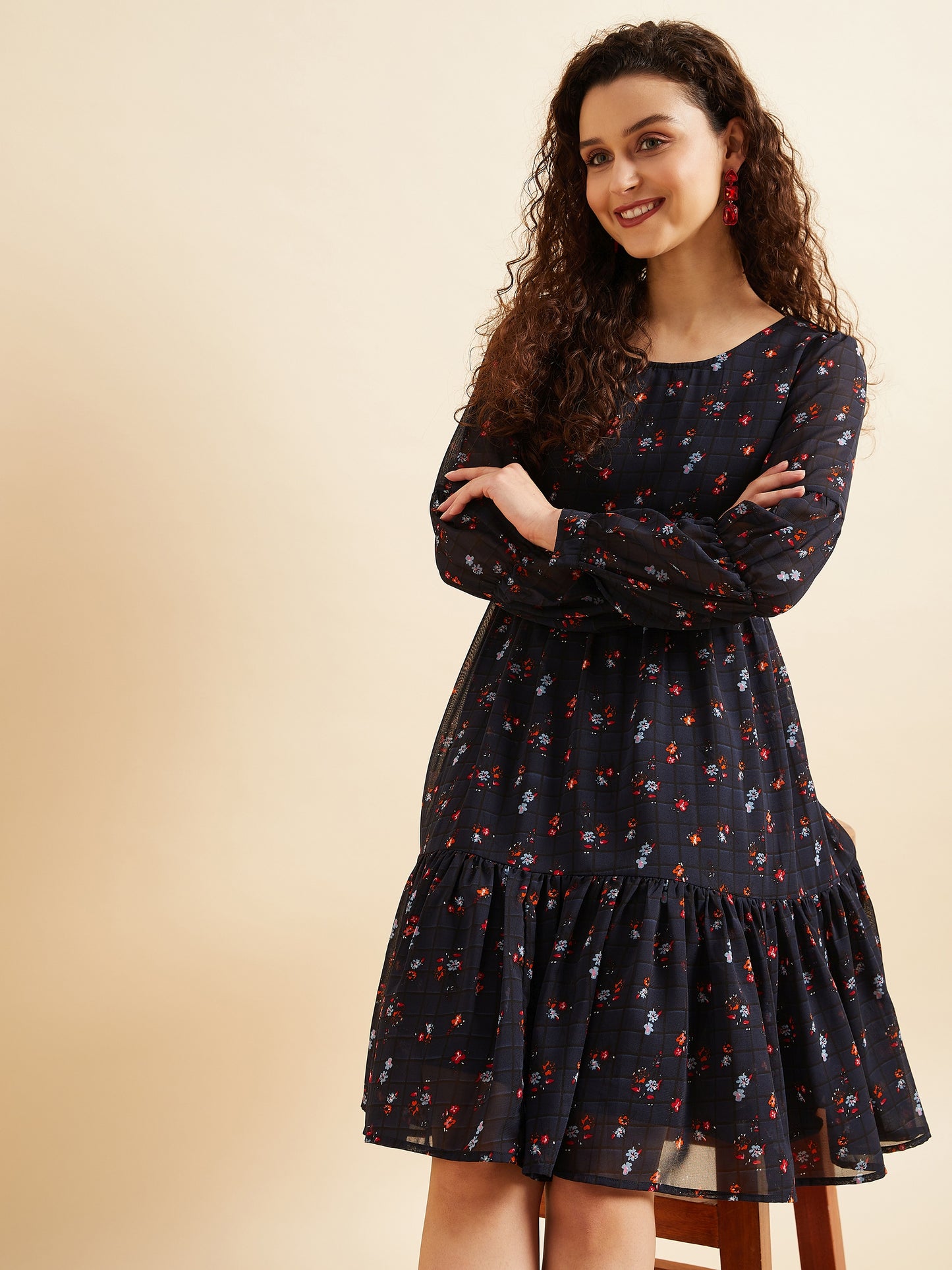 Puffed Sleeves Floral Printed Tiered Fit & Flare Georgette Dress