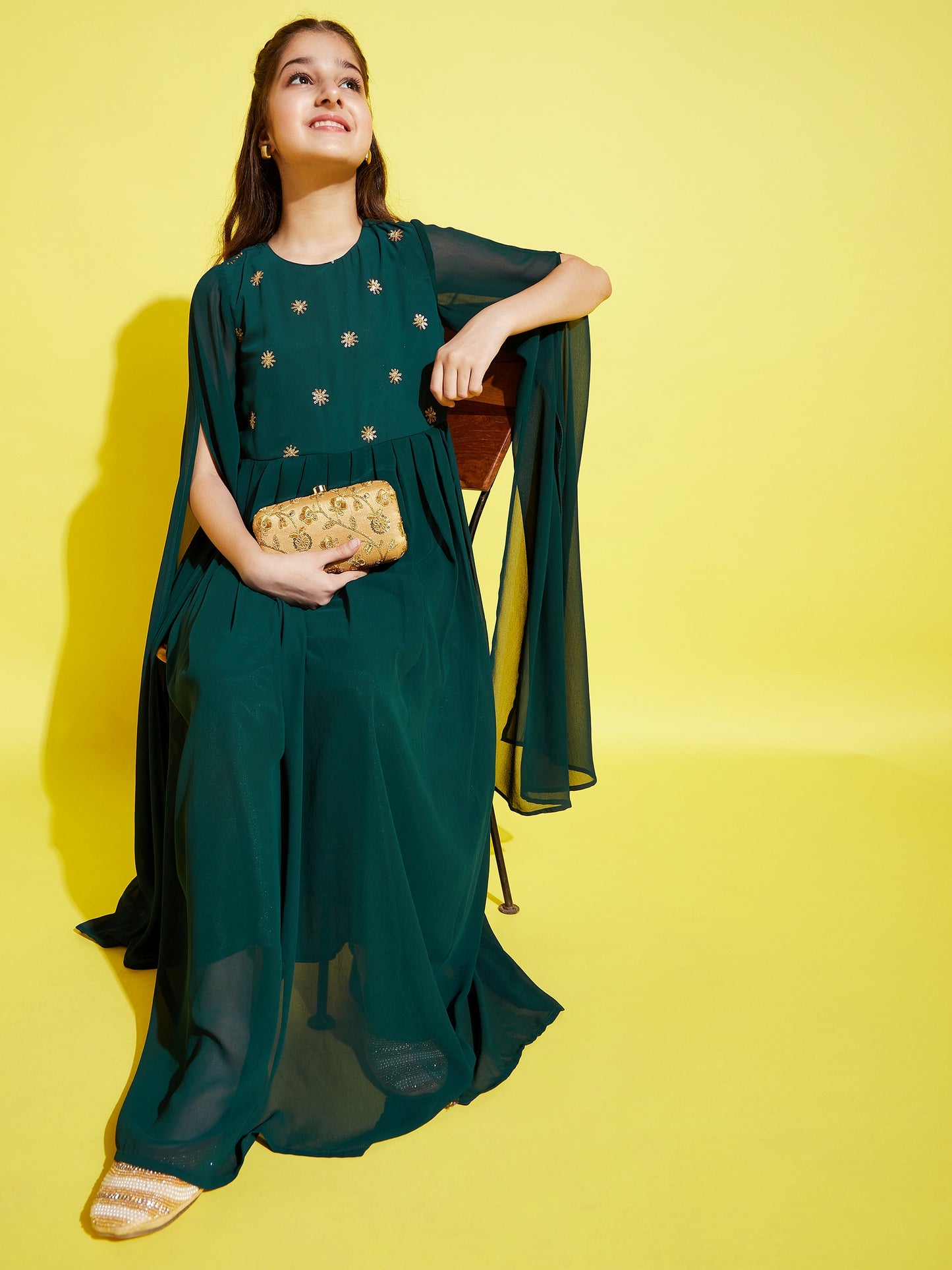 Girls Dark Green Georgette Maxi Dress