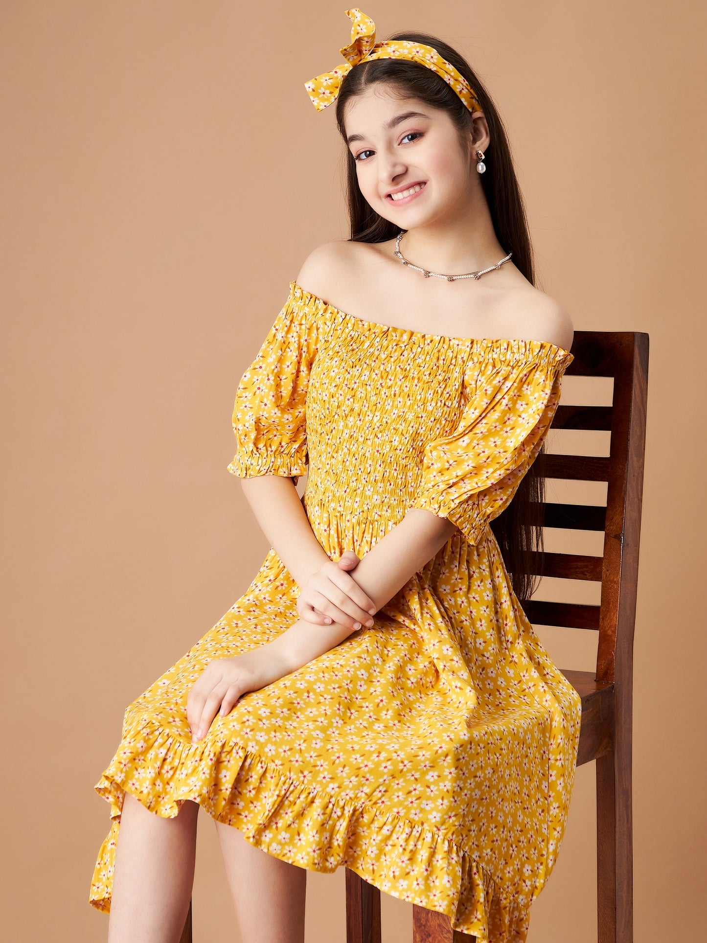 Girls Floral Print Off-Shoulder Puff Sleeve Fit Flare Dress