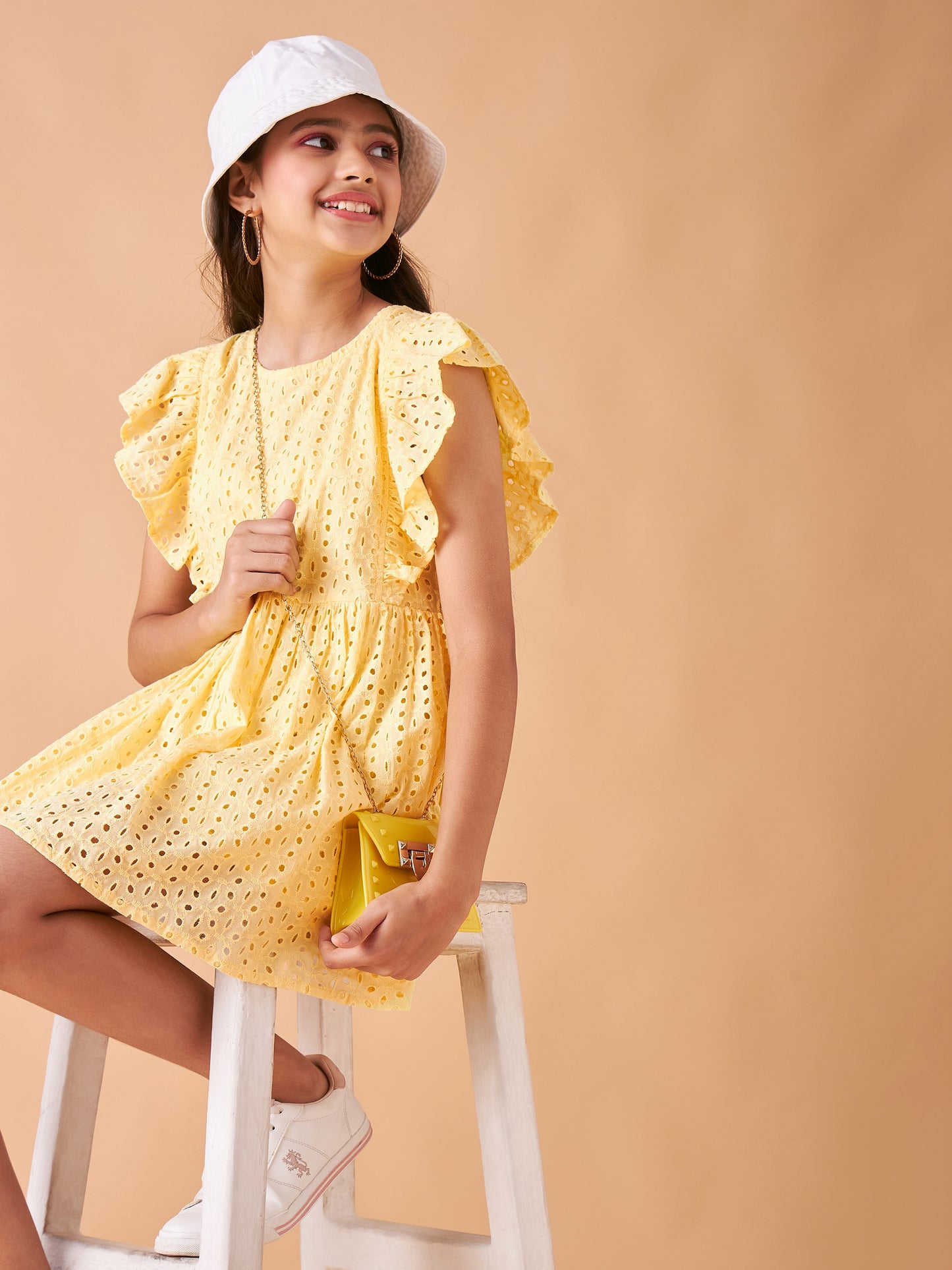 Girls Self Design Flutter Sleeve Cotton Fit & Flare Dress
