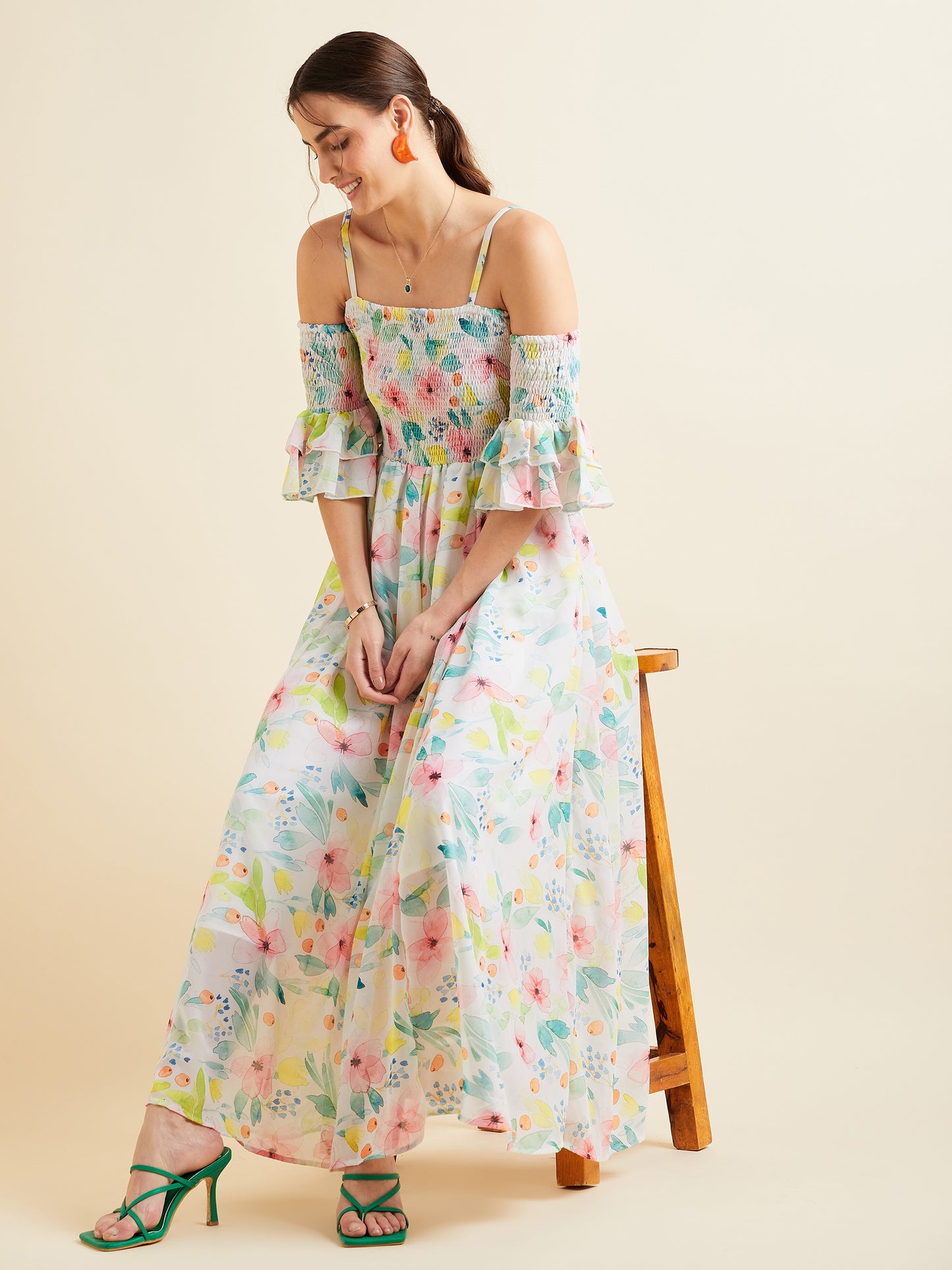 Floral Printed Smocked Off Shoulder Georgette Maxi Dress