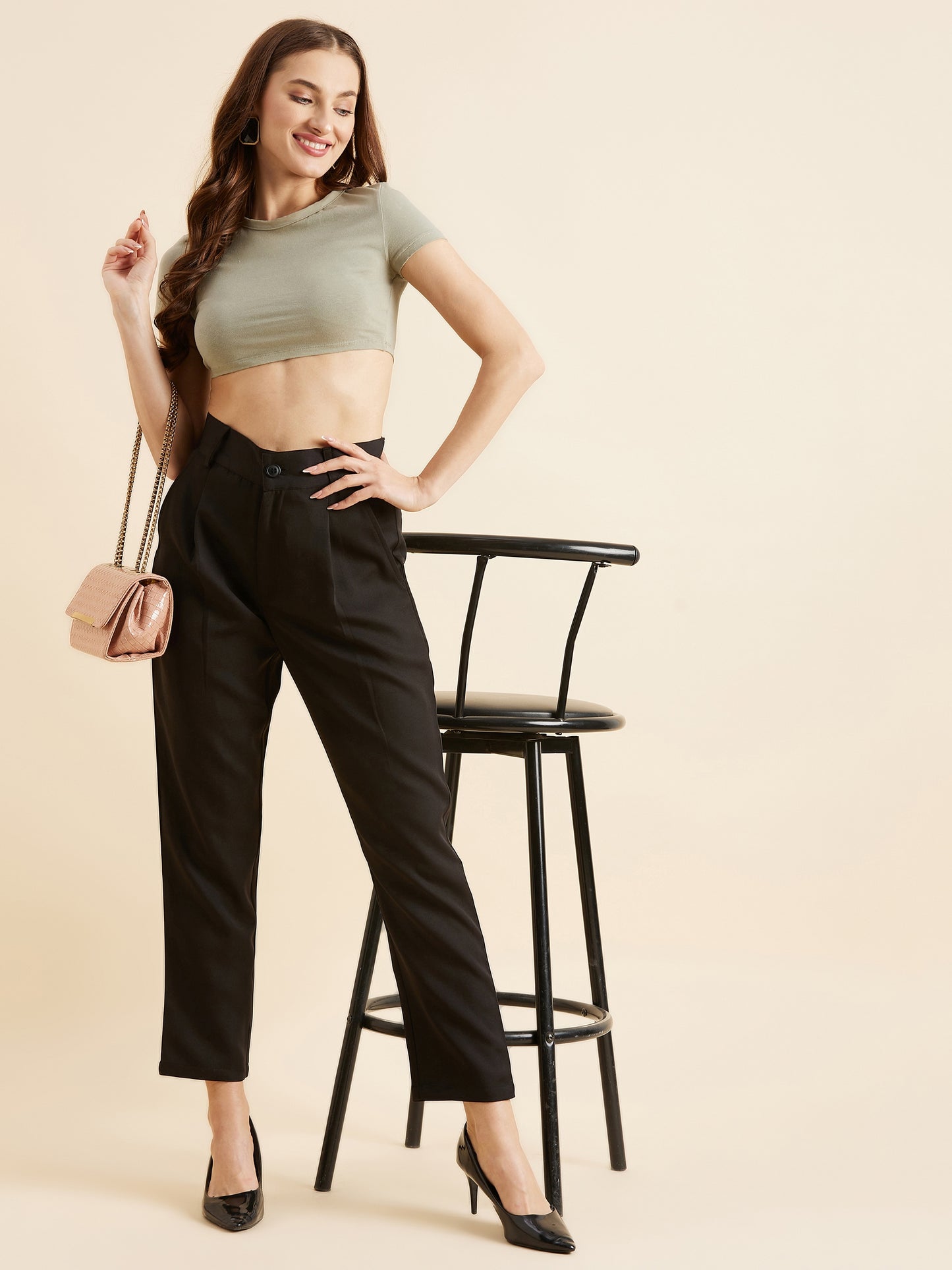 Black Relaxed Straight Fit High-Rise Formal Trousers