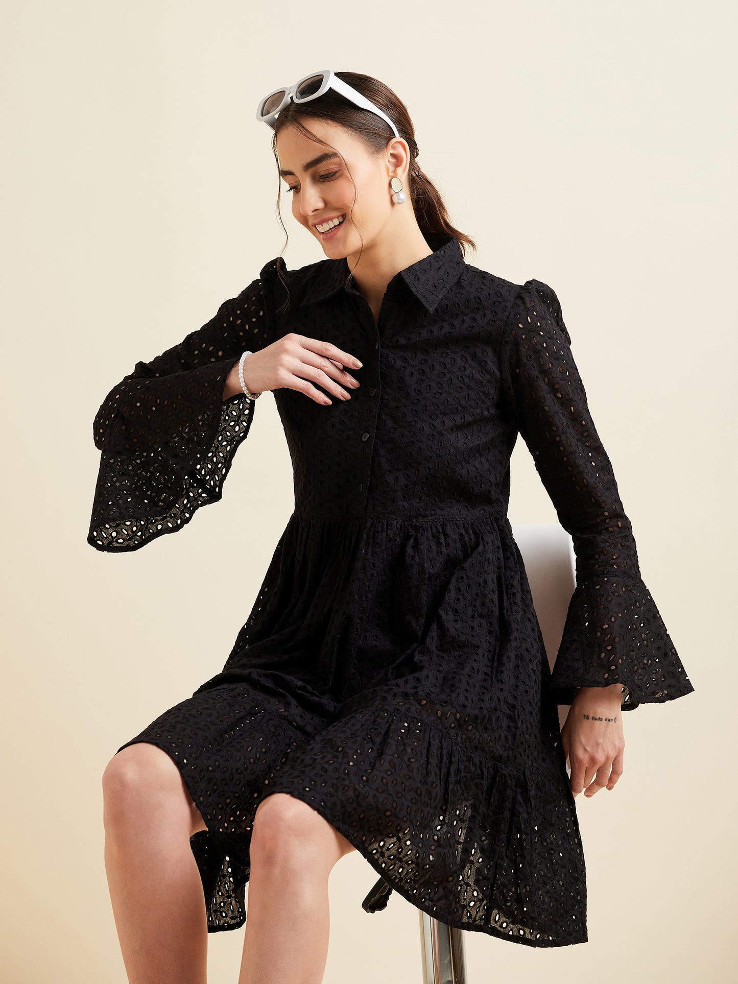 Women Black Shirt Collar Bell Sleeve Ruffled Schiffli Cotton A-line Dress