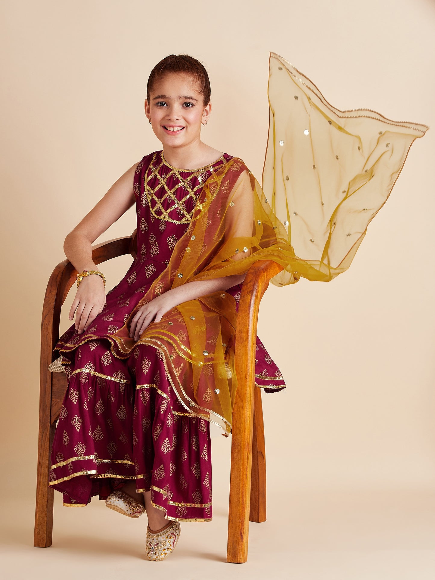 Girls Ethnic Motifs Printed Gotta Patti Kurti with Sharara & With Dupatta