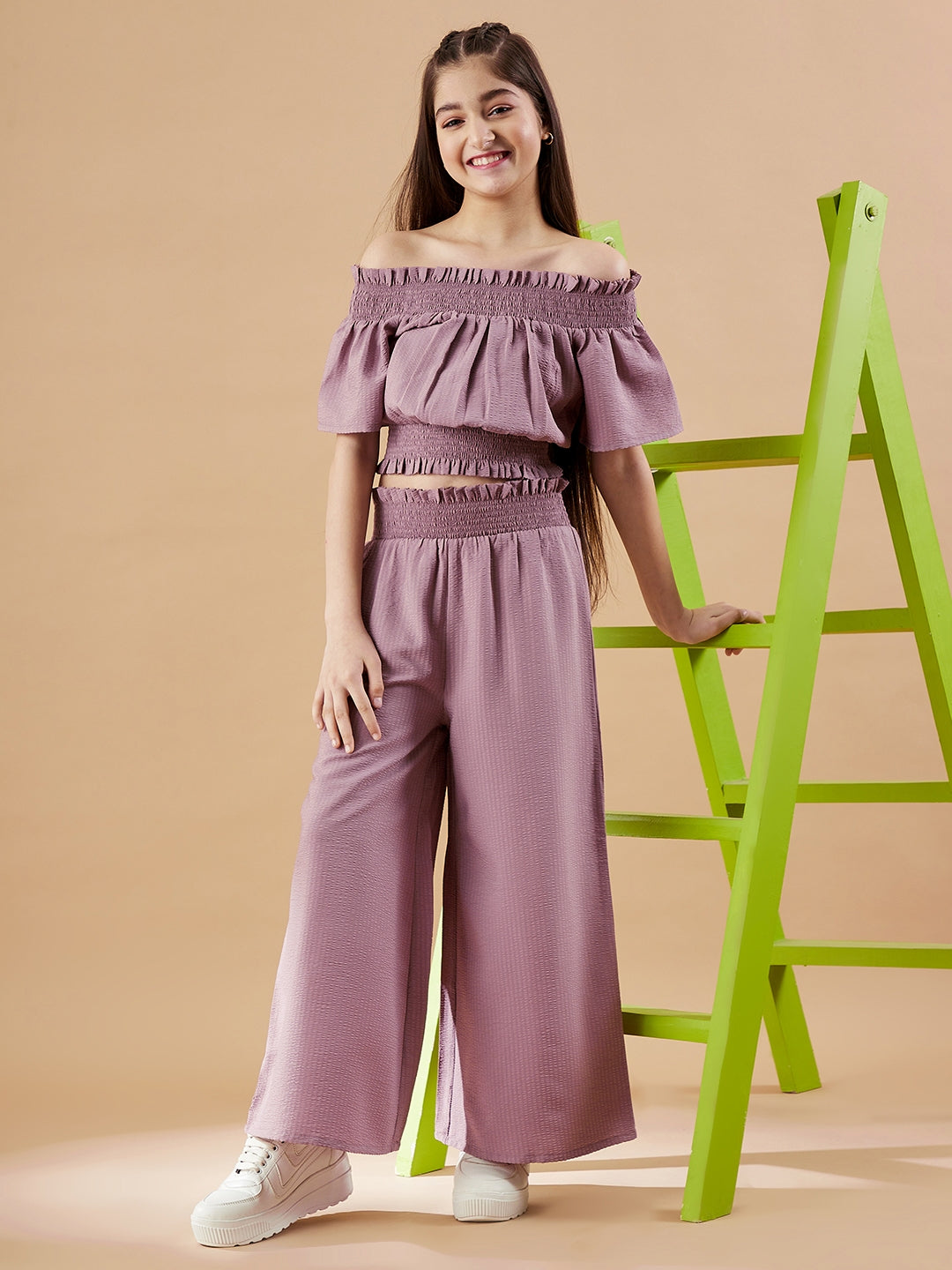 Girls Off-Shoulder Mauve Top with Trousers