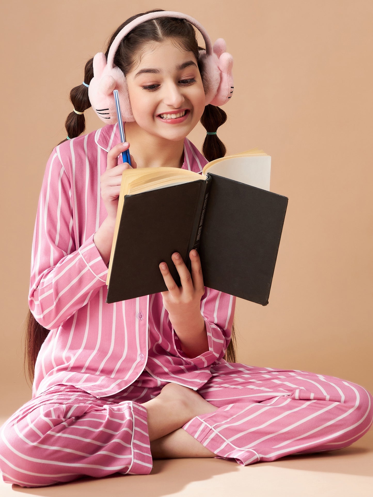 Girls Pink Striped Cotton Night Suit Set