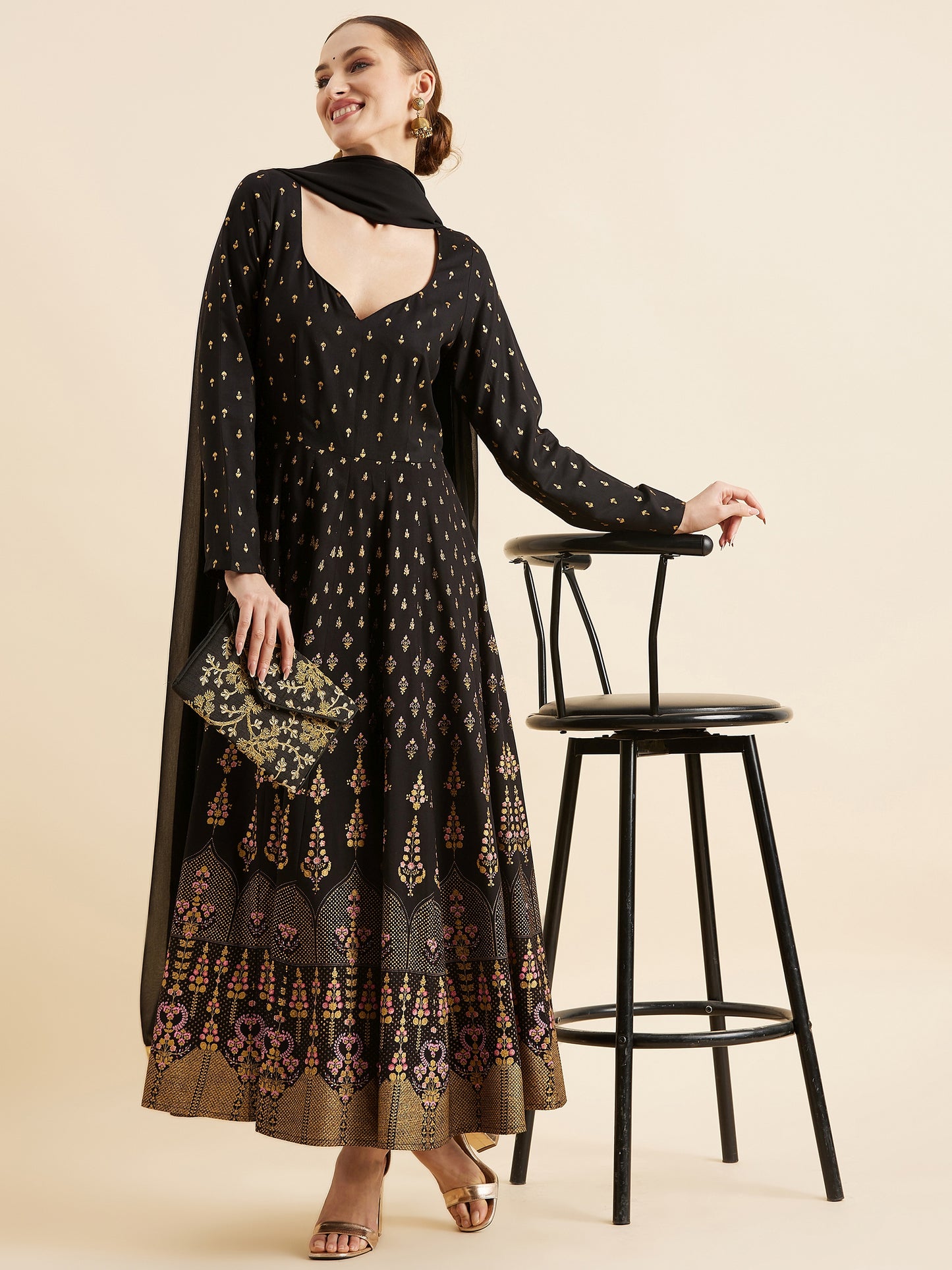 Printed Sweetheart Neck Maxi Ethnic Dress With Dupatta