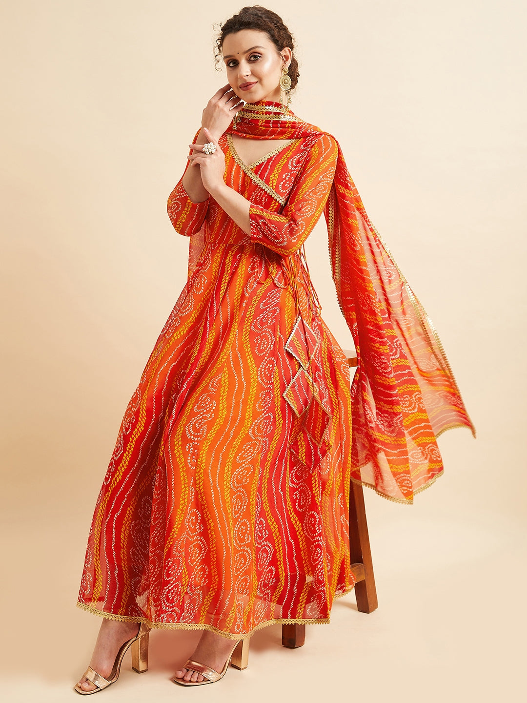 Bandhani Printed V-Neck Anarkali Ethnic Maxi Dress With Dupatta