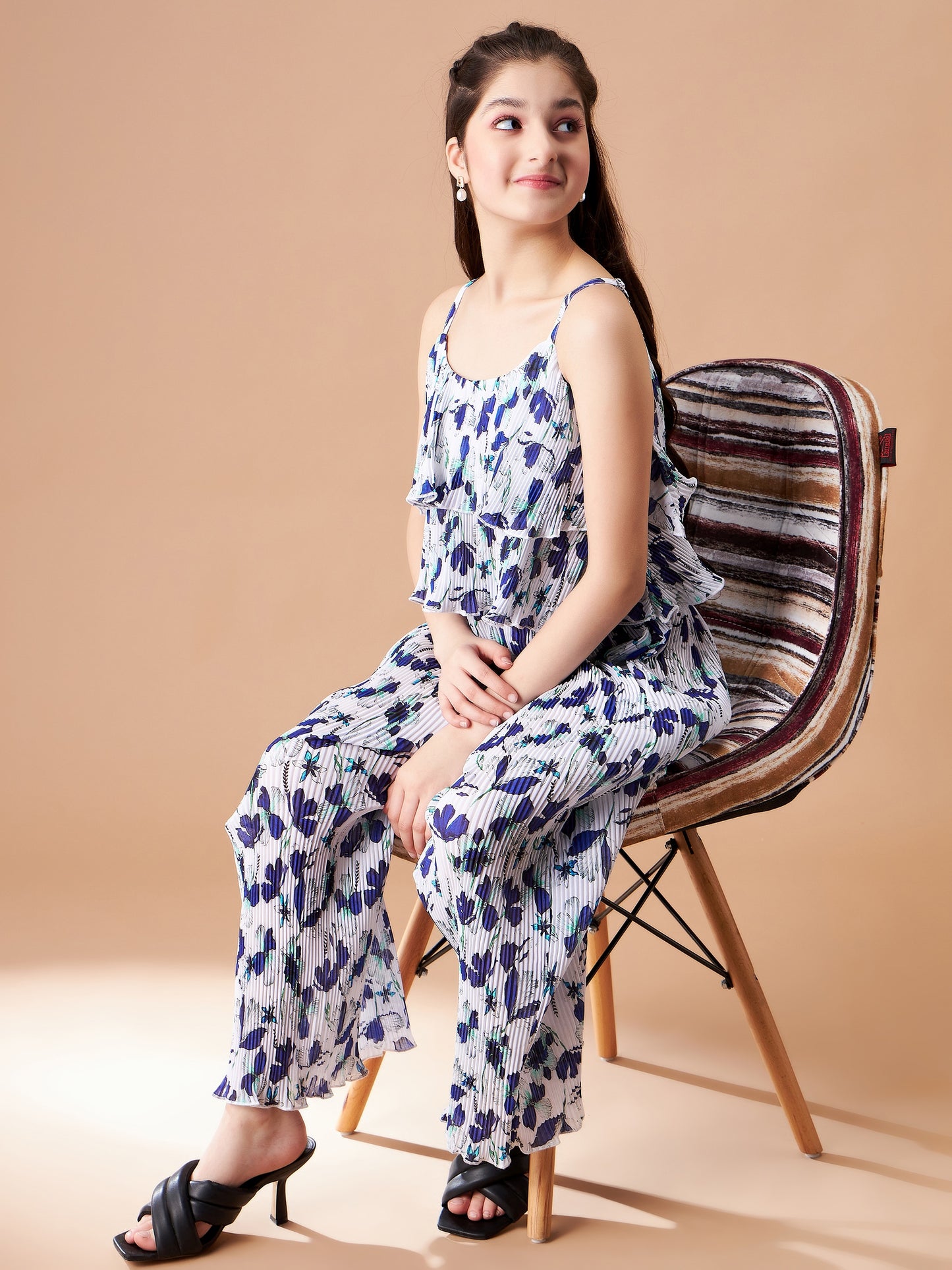 Girls Blue Floral Printed Top with Trousers