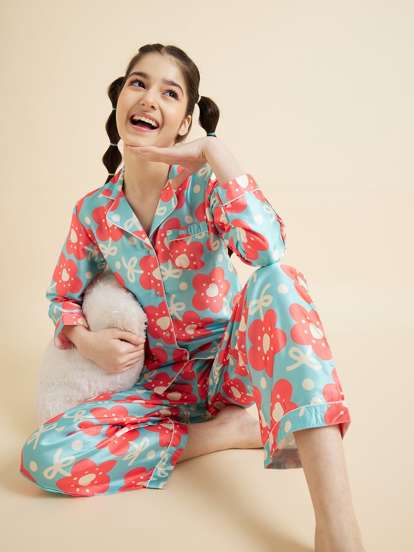 Girls Floral Printed Long Sleeves Satin Night suit
