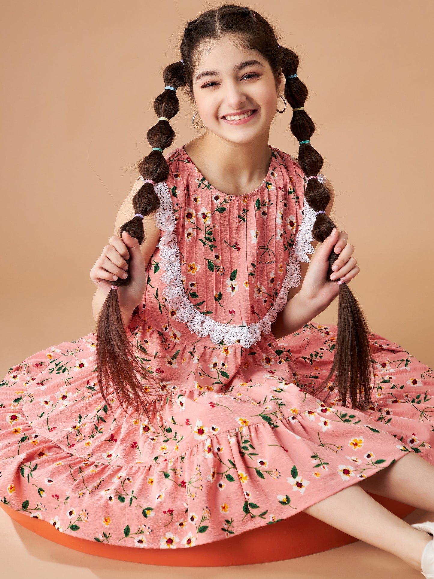 Girls Peach Floral Printed Crepe Fit & Flare Dress