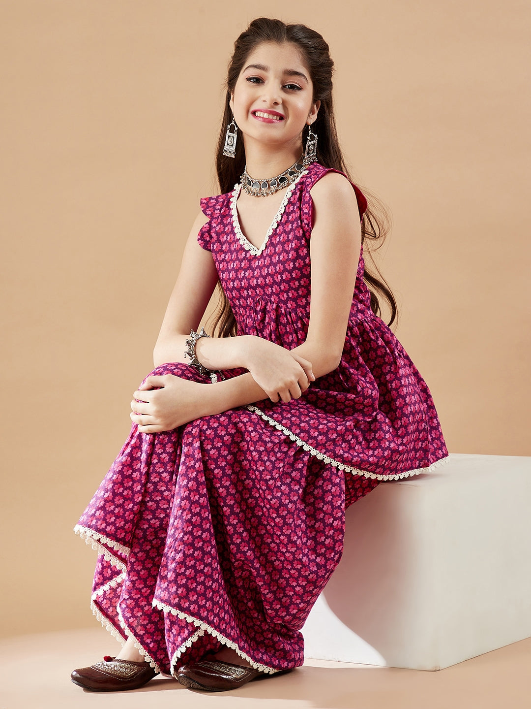 Girls Floral Printed Kurti With Sharara