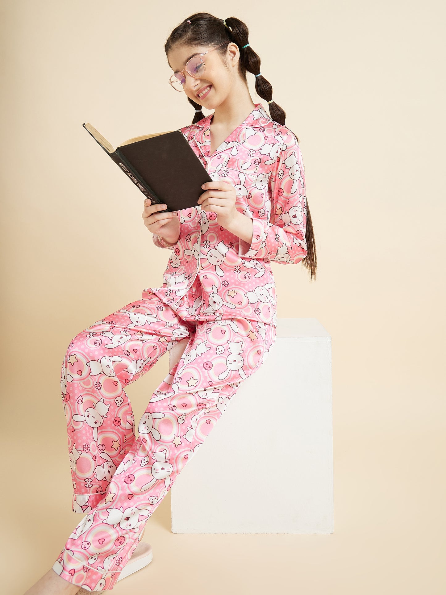 Girls Cartoon Printed Satin Night suit