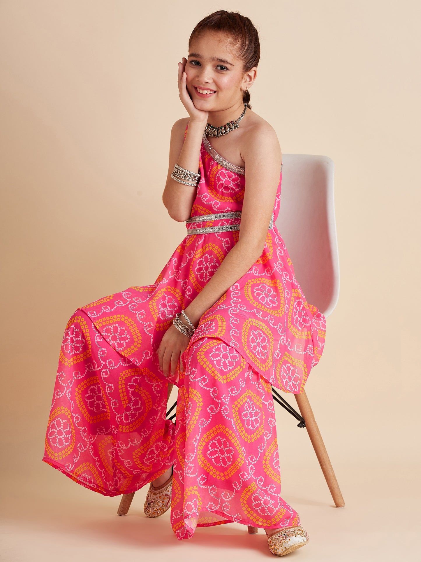 Girls Pink Bandhani Printed Empire Gotta Patti Kurta with Sharara