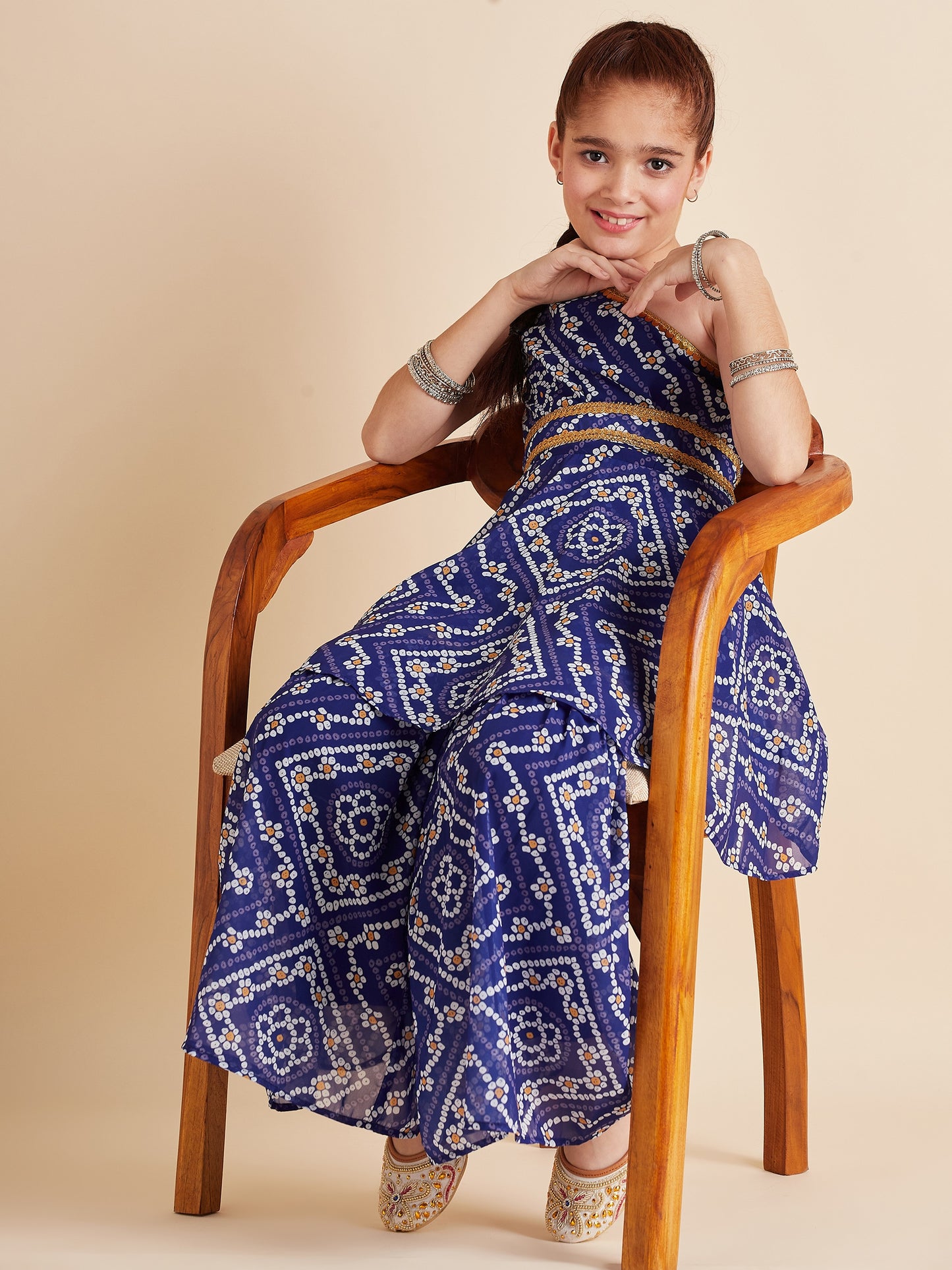Girls Blue Bandhani Printed Empire Gotta Patti Kurta with Sharara