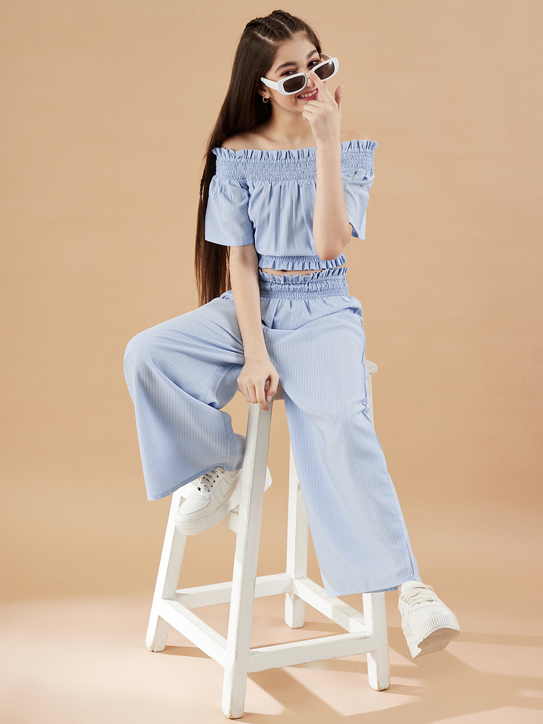 Girls Off-Shoulder Blue Top with Trousers