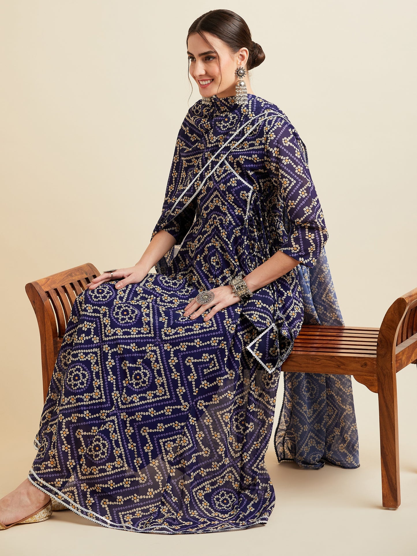 Bandhani Printed Georgette Angrakha Ethnic Dress With Dupatta