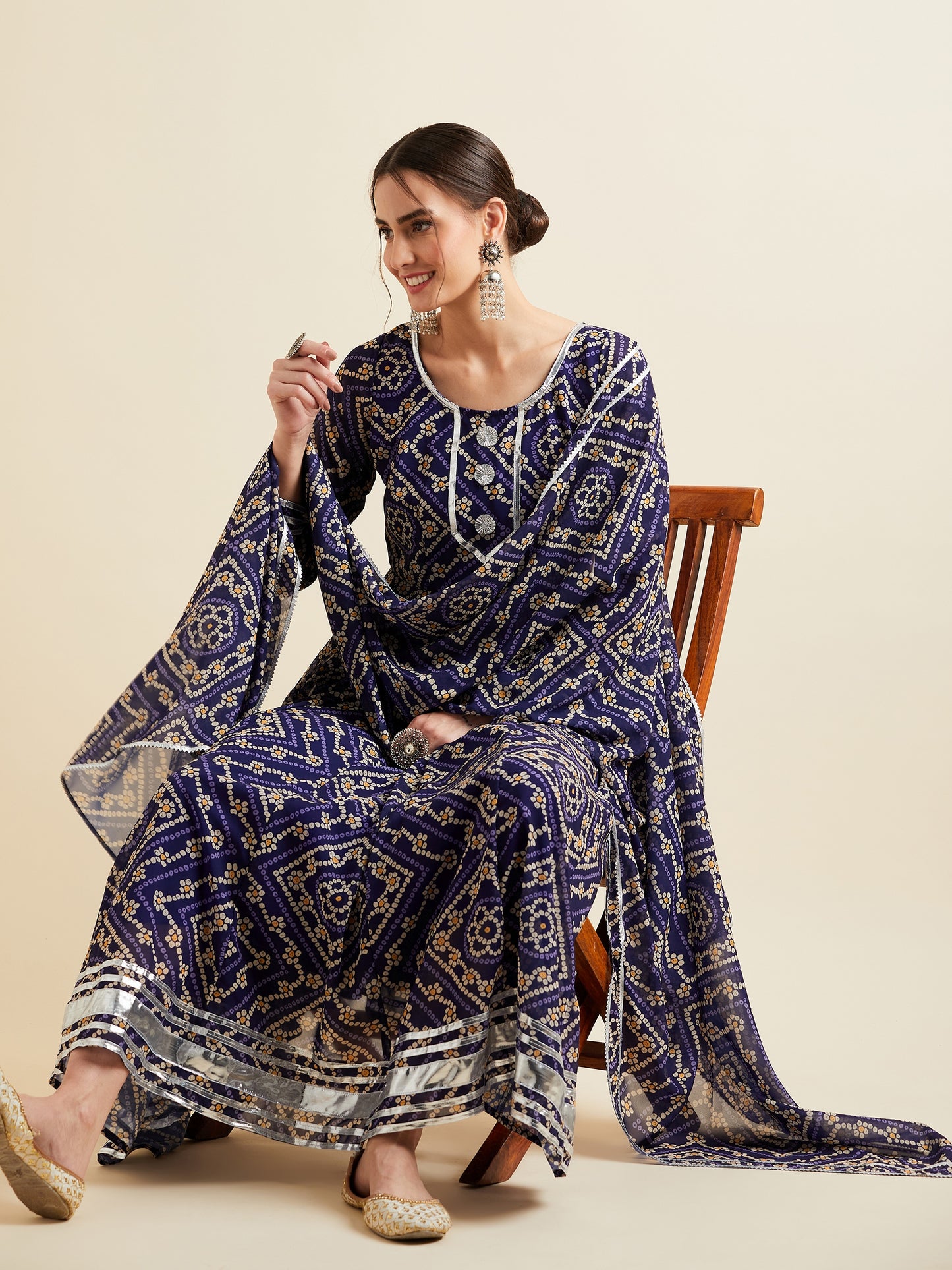 Blue Bandhani Printed Fit & Flared Maxi Ethnic Dress With Dupatta