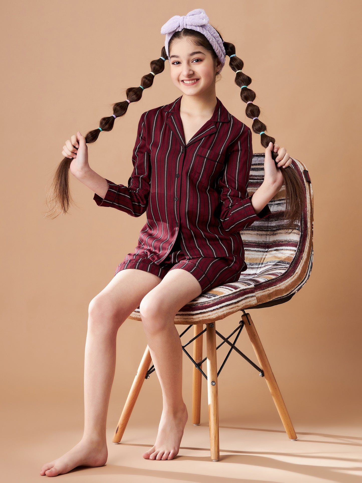 Girls Maroon Striped Shorts Night Suit Sets