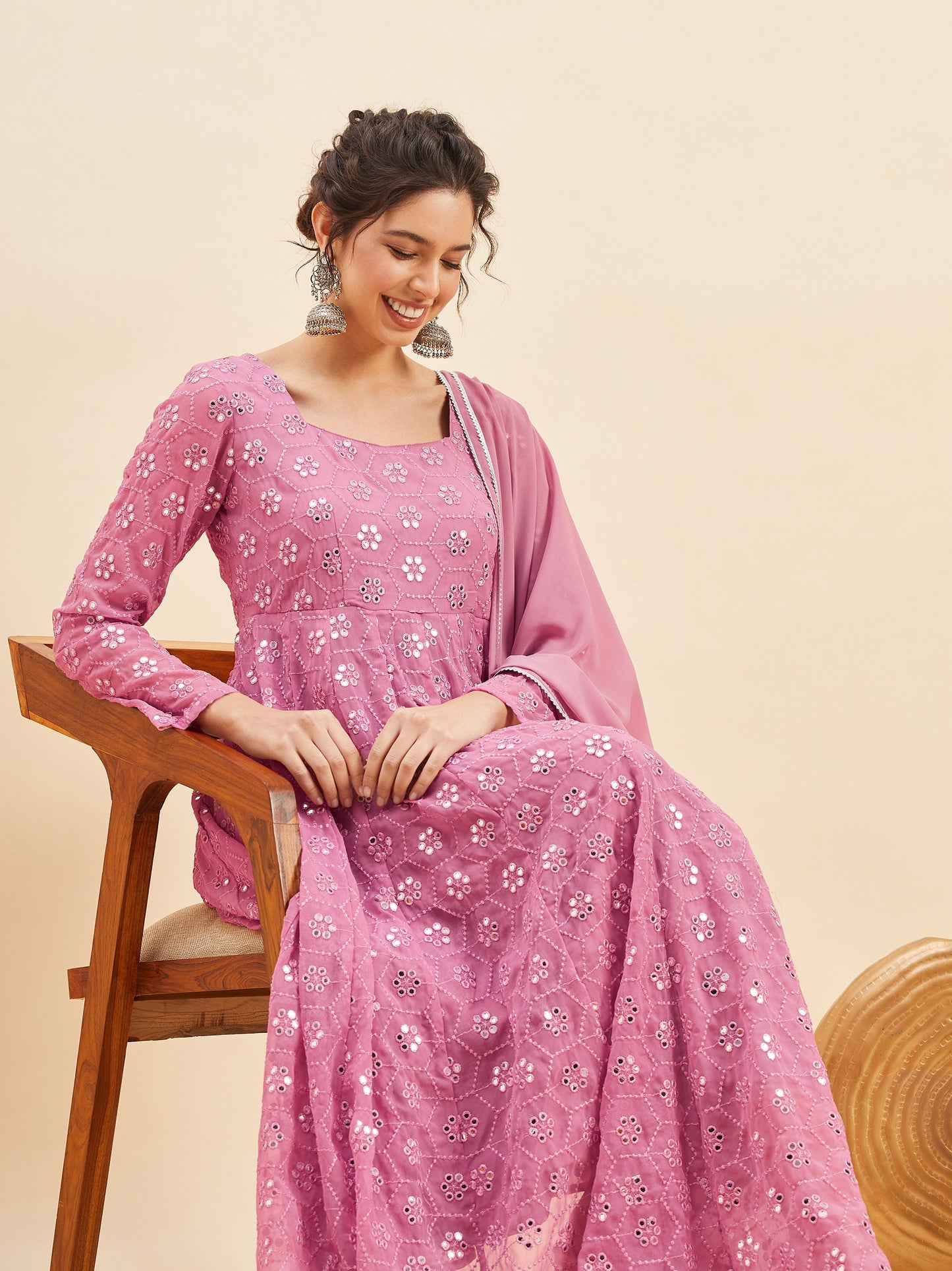 Mirror Embroidered Flared Ethnic Dresses With Dupatta