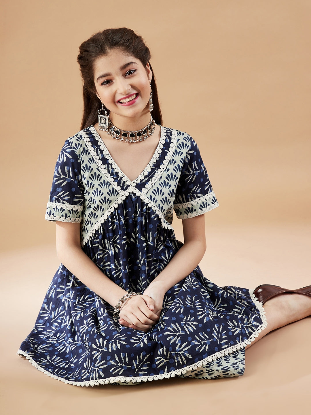 Girls Cotton Printed Panelled Kurti With Palazzos