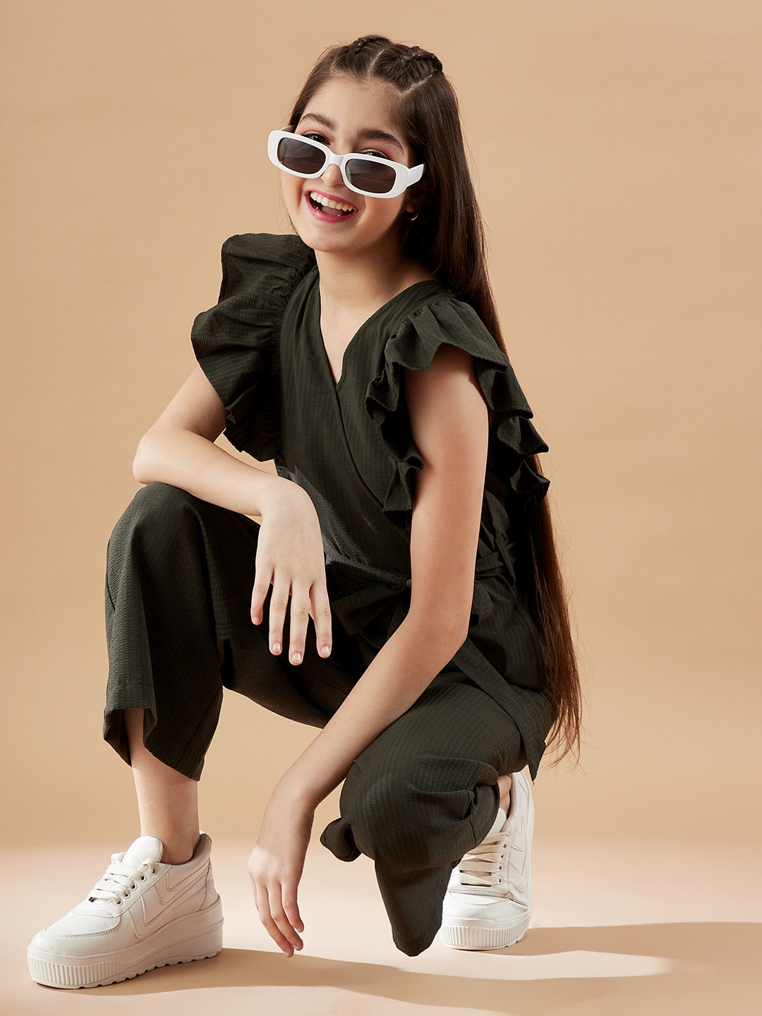 Girls Olive Green Basic Jumpsuit