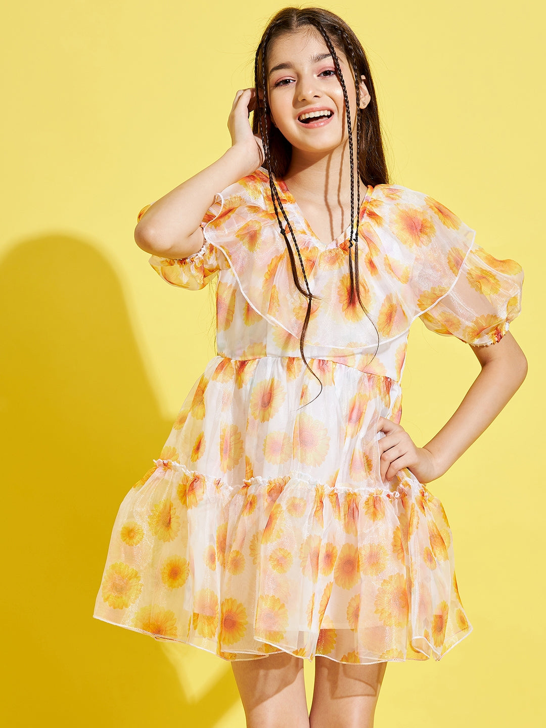 Girls Cream-Coloured & Yellow Floral Dress
