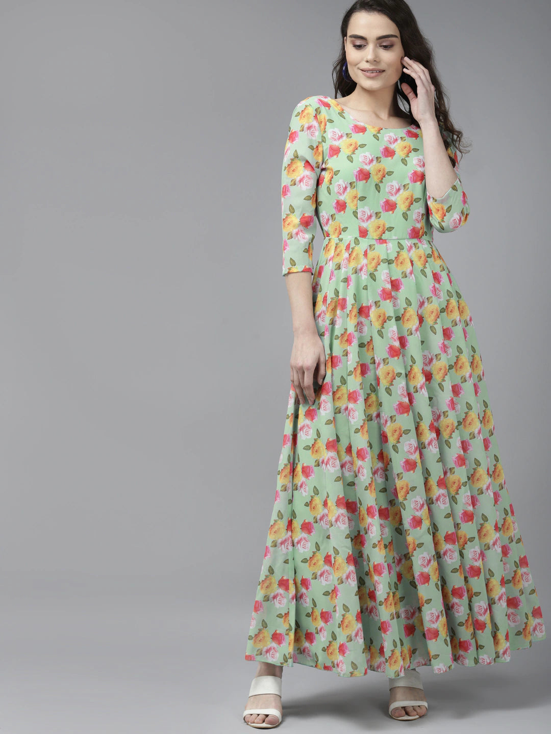 Green & Yellow Floral Georgette Maxi Dress