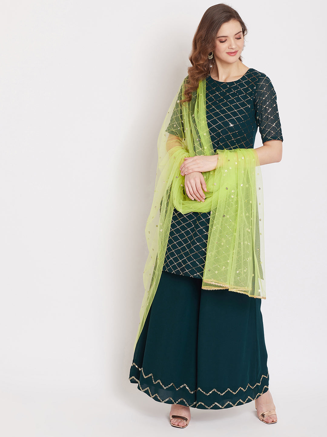 Dark green jaal embroidered kurta and sharara with lime green dupatta