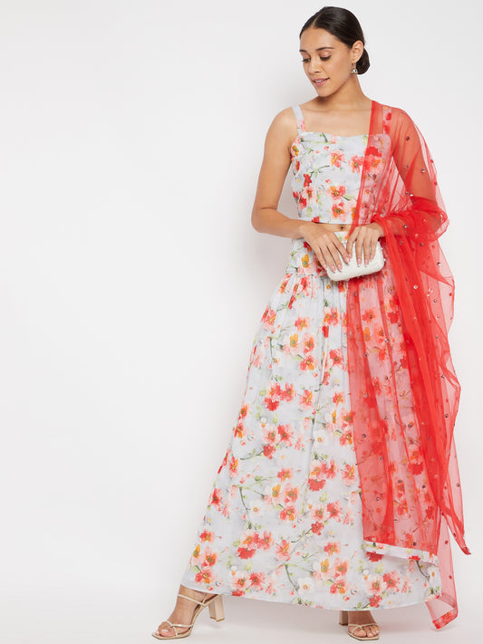 Women Off-White Floral Printed Regular Top with Skirt & With Dupatta