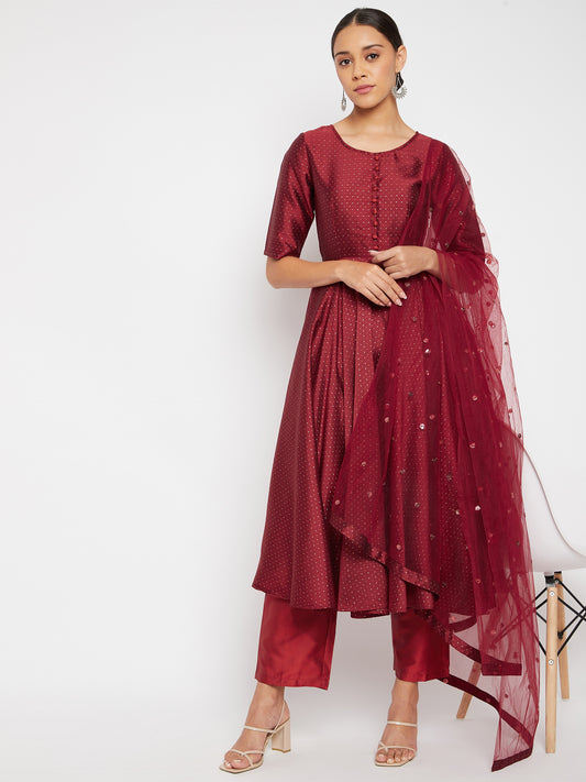 Women Maroon Pleated Golden Thread Work Kurta Set With Trouser And Dupatta