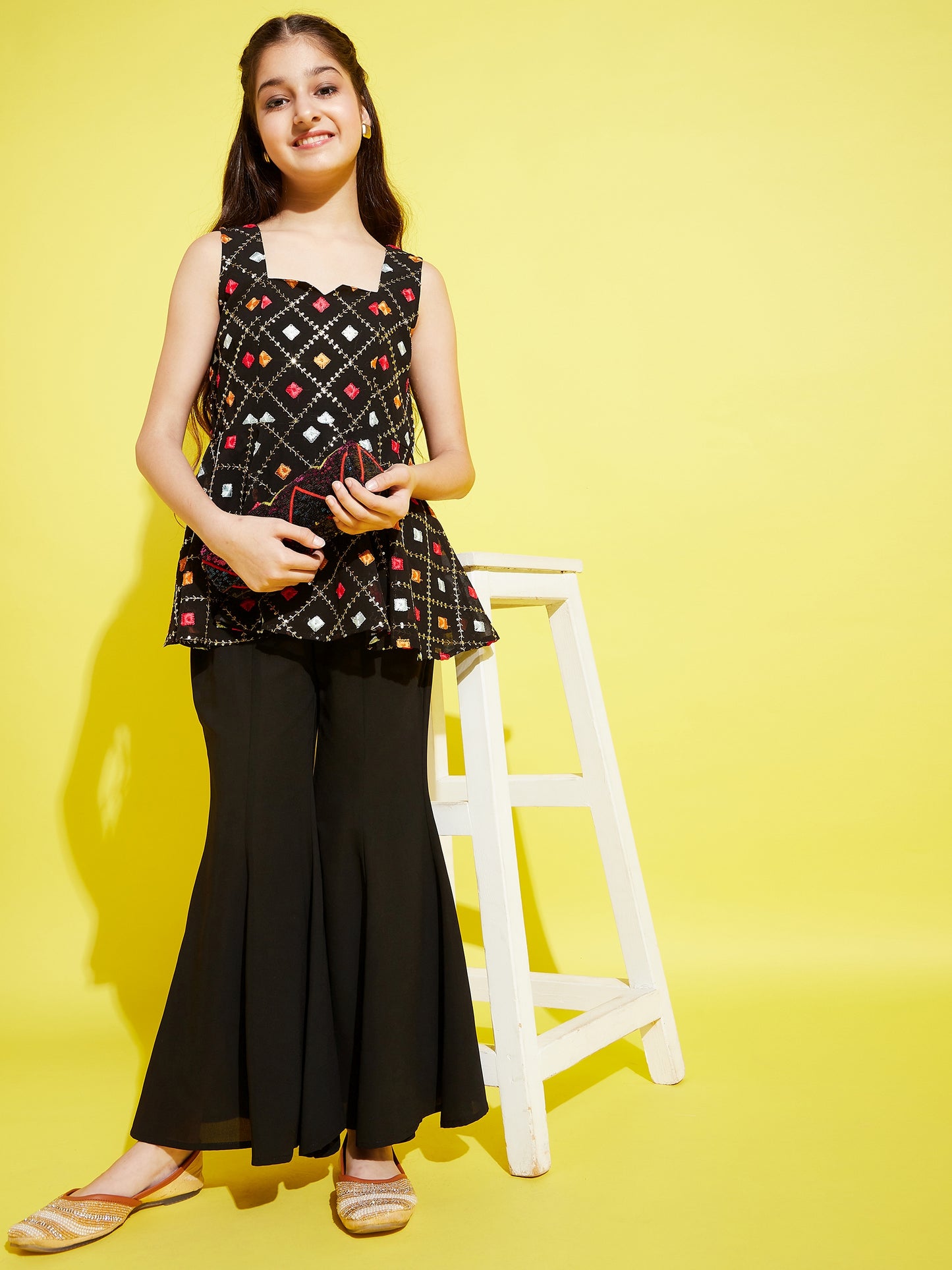 Girls Black & Pink Embroidered A-Line Kurti with Sharara