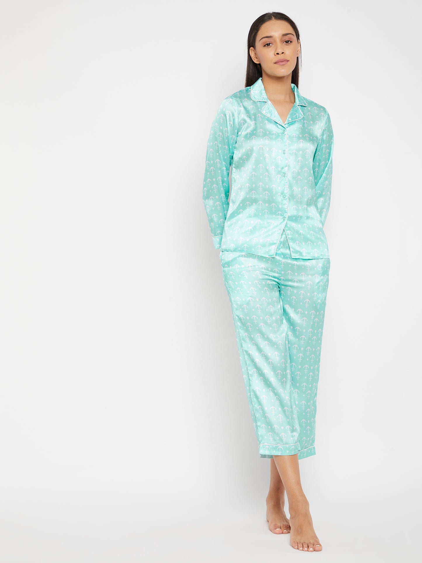 Women Blue & White Printed Night suit