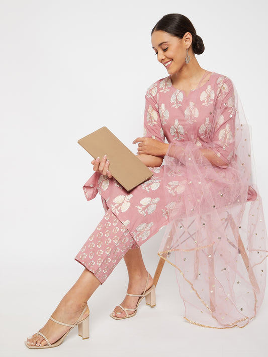 Women Pink Motif straight Kurta with Trouser and Dupatta
