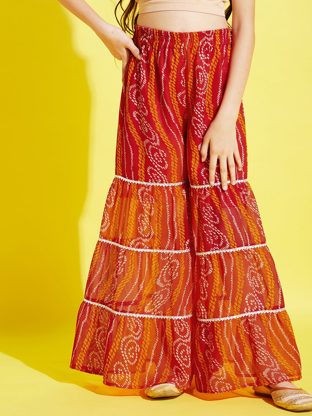 Girls Orange Bandhani Printed Empire Kurta with Sharara & Dupatta