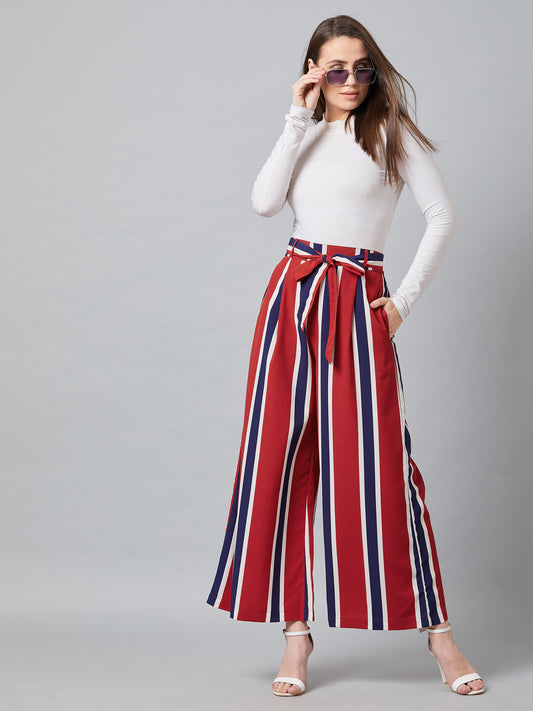 PANIT Women Red & Blue Striped Flared Trouser