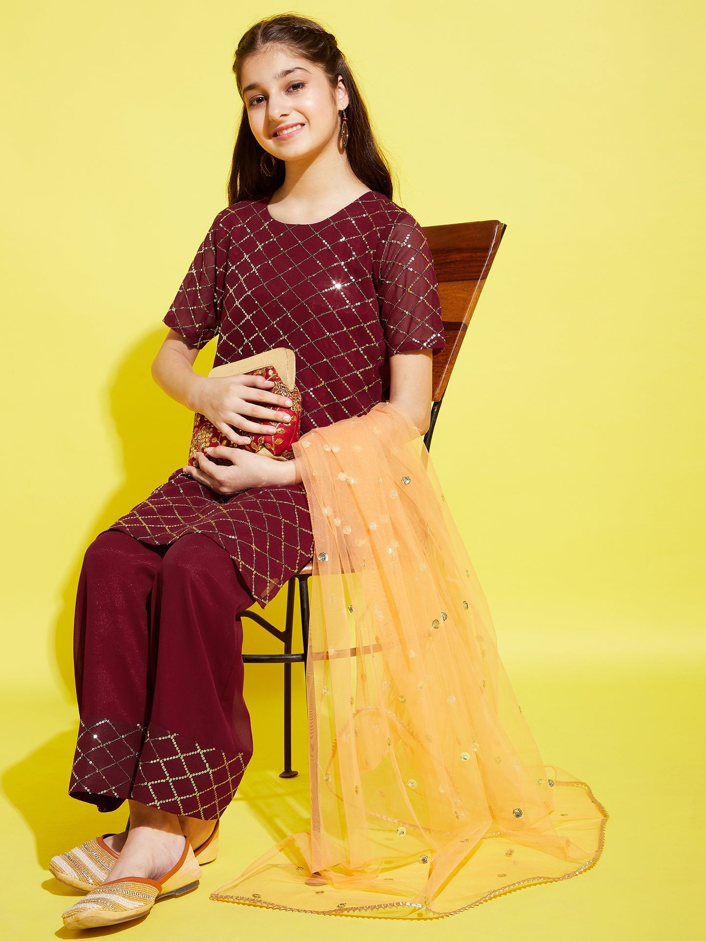 Girls Burgundy Embroidered Straight Kurta with Palazzos & With Dupatta