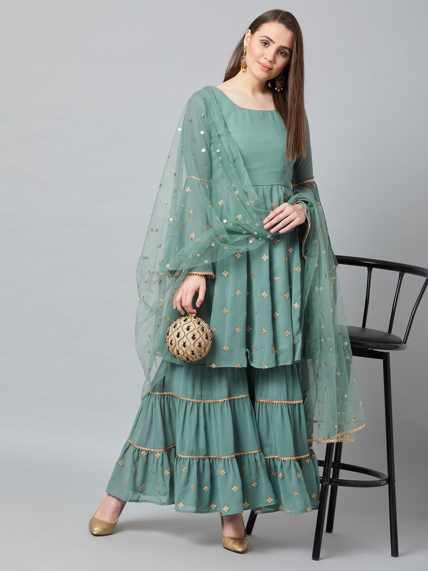 Women Flared Kurta And Sharara Set