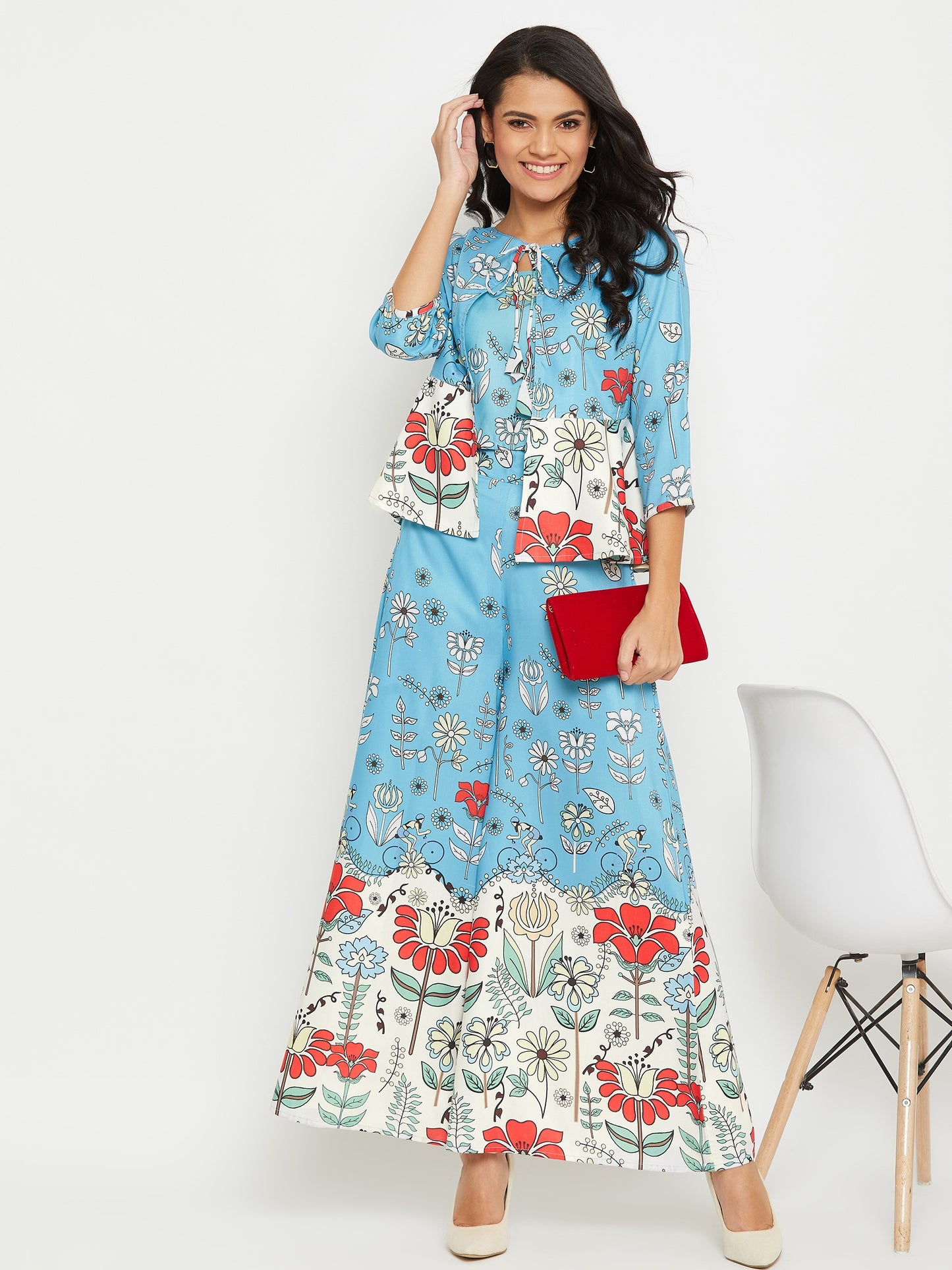 Women Ice Blue Printed Top With Inner and Palazzos